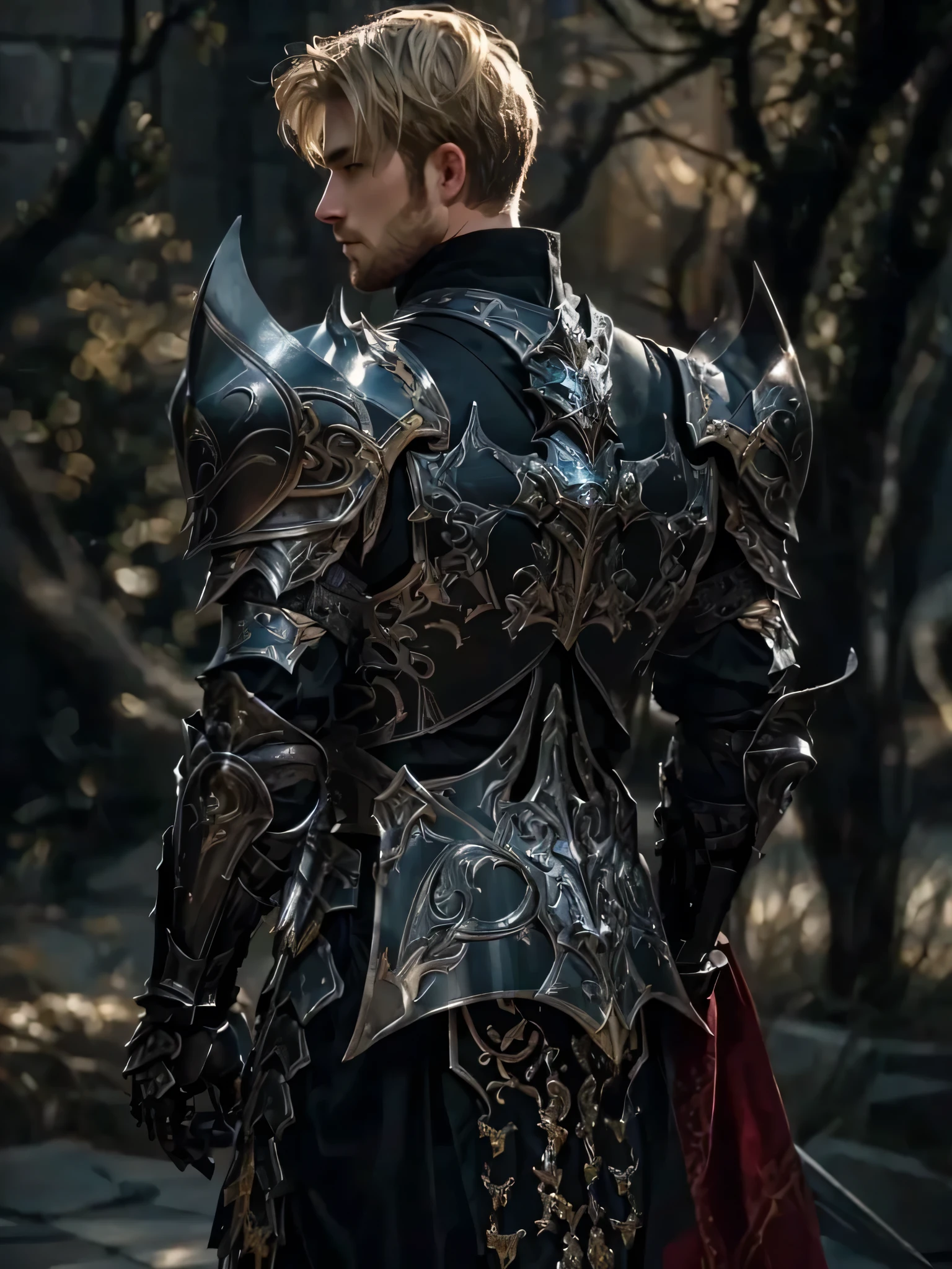 front view,male knight,man, Handsome man, fantasy armor, short blond hair, metal armor, dark metal,heavy armor,Intricate armor details, loyal armor design, elegant armor, ornate cosplay,hyper realistic face, muscle abs, thick thighs, slim waist, hourglass shape, reply, realistic body,knight, character,Photogenic details on the armor, Intricate armor details