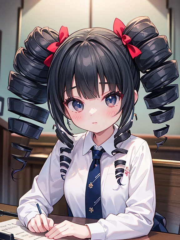 masterpiece, highest quality, Very detailed, 16k, Ultra-high resolution, 17-year-old girl, Detailed face, Anatomically correct, black eye, Black Hair, Long Hair, Drill Hair, (mega twin drills:1.5), , White blouse, Red tie, Navy Skirt, School, music room, piano, pianoの前, stand