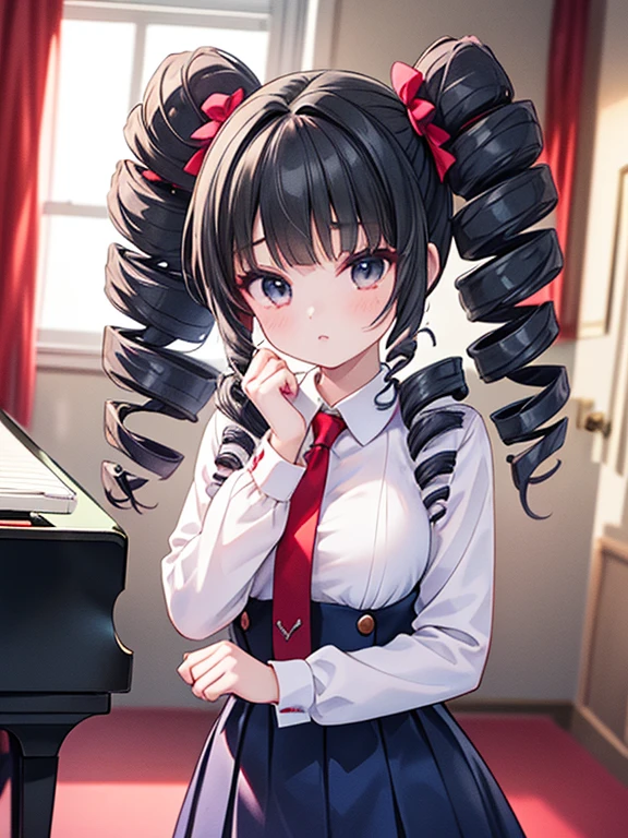 masterpiece, highest quality, Very detailed, 16k, Ultra-high resolution, 17-year-old girl, Detailed face, Anatomically correct, black eye, Black Hair, Long Hair, Drill Hair, (mega twin drills:1.5), , White blouse, Red tie, Navy Skirt, School, music room, piano, pianoの前, stand