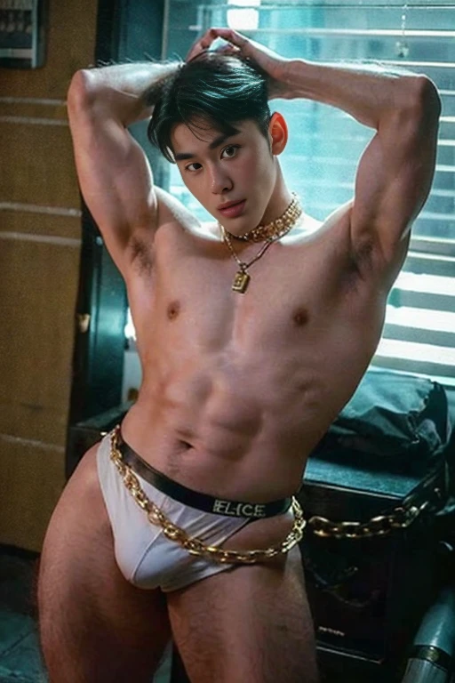 ung handsome guy,20-22 years old,police officers,Interpol,Police Department,Handsome,musculous,hairy bodies,,(Fine eye 1:3),Black eyes,full bodyesbian , epic reality , epic photorealistic , ultra realism , photorealistic , only male , only boy , full length shot (fls) , wearing sexy micro thong , arms up, handsome korean boy , topless , sex slave. ,bondage collar chain , standing , wide hips , wide pelvis , phat hips. , thick thighs , earth tone photo