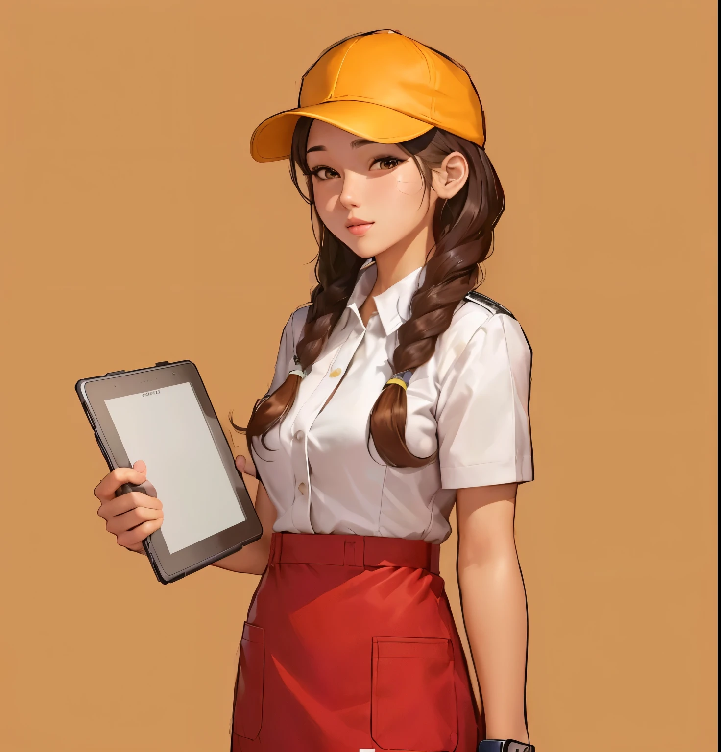 cartoon girl in uniform holding a tablet computer and a cap, ( waitress ) girl, Official character illustrations, 官方Character art, Full body portrait, Full body portrait, Chel, Official Art, Figure art, Full body portrait, Character art, Detailed character art, Clear role-playing portraits, Official illustrations, Meticulous portraits of people, Kitagawa Marin Fan Art