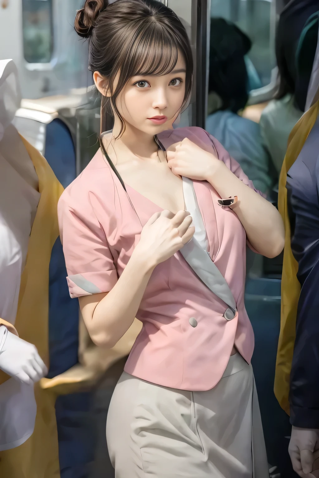 (masterpiece:1.2, highest quality:1.2), 32K HDR, High resolution, (alone、1 girl)、(On the rooftop of a building in the daytime、Professional Lighting)、Building rooftop background、(Nankai train crew uniform pinkを着たリアルスタイル)、(Nankai train crew uniform pink short sleeve collarless pink jacket、Nankai Train Crew Uniform Pink Collarless Short Sleeve Blouse、Nankai Train Crew Uniform Pink Grey Knee-length Culottes)、((The bottom of the pink short-sleeved jacket cannot be tucked into the clay-colored culottes.))、Dark brown hair、(Hair tied up、Hair Bun、Hair Bun)、Dark brown hair、Long Shot、Big Breasts、Thin legs、((Great hands:2.0)),((Harmonious body proportions:1.5)),((Normal limbs:2.0)),((Normal finger:2.0)),((Delicate eyes:2.0)),((Normal eyes:2.0)))、(Nankai Train Crew Uniform Pink Grey Knee-length Culottesを見せた美しい立ち姿)、Captivating look