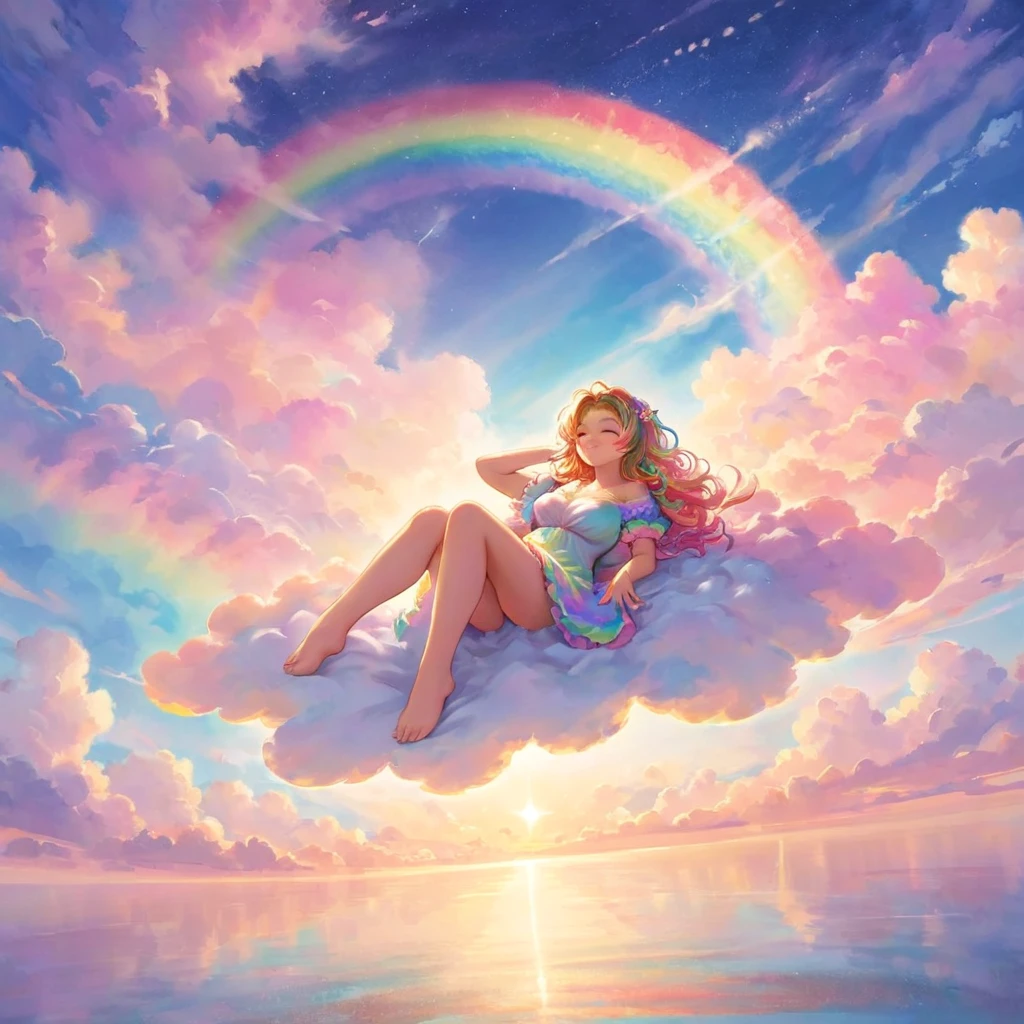 A stunningly ethereal woman, composed of a dazzling array of rainbow hues, reclines gracefully at the end of a radiant rainbow amidst the fluffy clouds in the sky. Bathed in dynamic and enchanting lighting, accentuates her vibrant, full-bodied form. Fantasy art. Masterpiece 