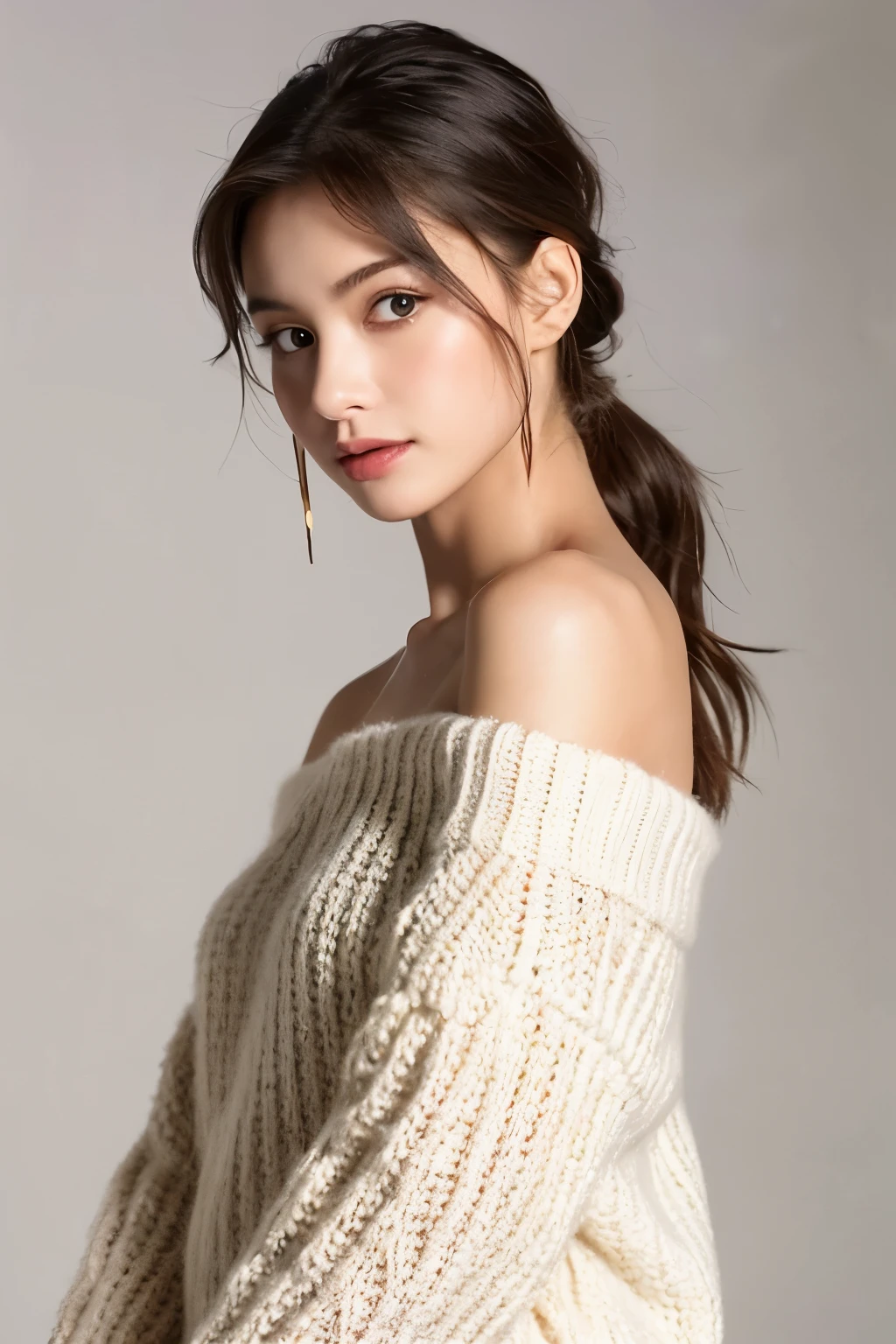 ((best quality)), ((masterpiece)), (detailed), 1 Girl, Off-shoulder sweater, Wearing a women's watch,indoor,Studio Lighting,Perfect face,Perfect face,Horizontal viewing angle,Mechanical watches