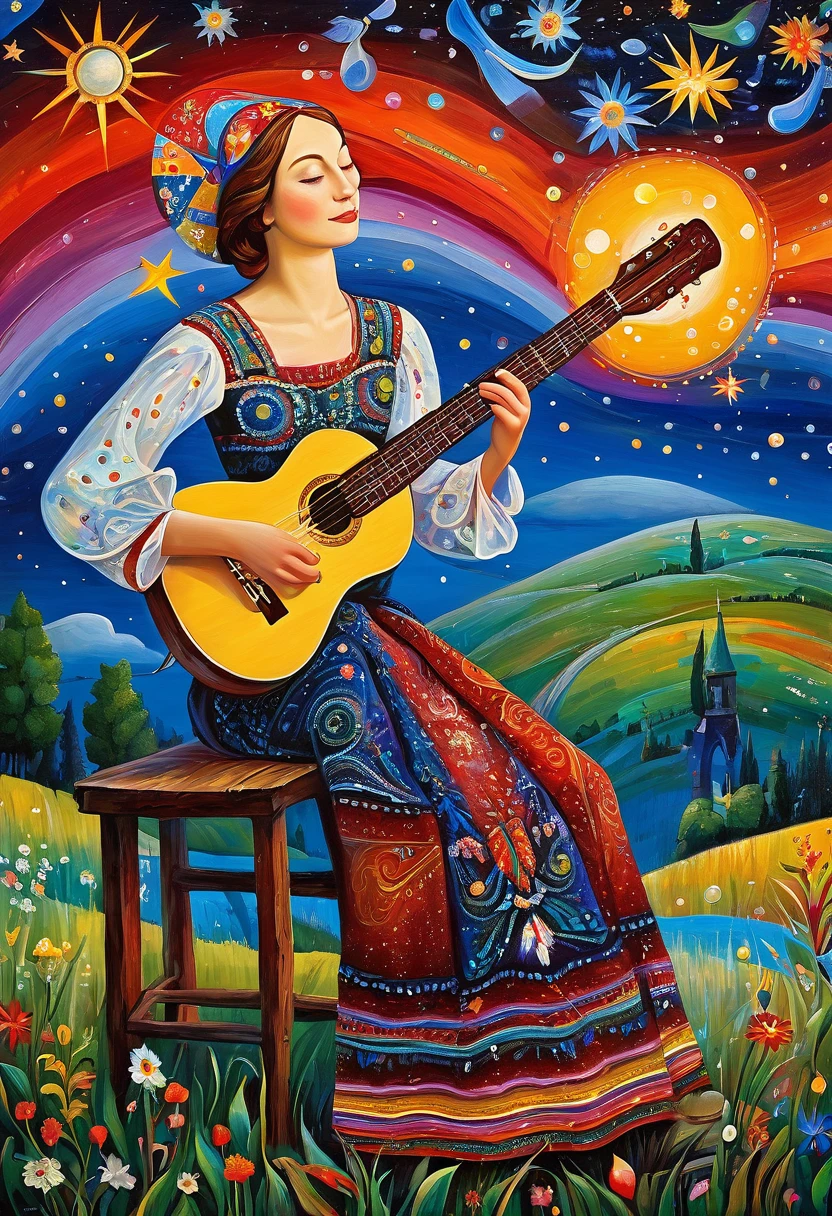 The young guitarist Alenka, dream under the summer starry sky, Russian paraphernalia, from the shoulder, Very colorful,
Best Improvisation, ((Mordecai-Ardon style!)), ((perfect full body detail)), magic naive art, primitivism, protogen, crimson
, ((best quality, Masterpiece)), ((Highest detail)), RAW:1,1, 8k