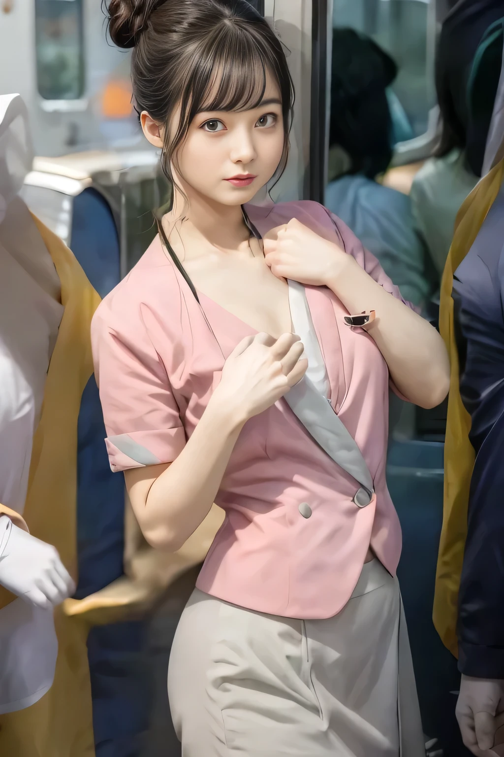 (masterpiece:1.2, highest quality:1.2), 32K HDR, High resolution, (alone、1 girl)、(On the rooftop of a building in the daytime、Professional Lighting)、Building rooftop background、(Nankai train crew uniform pinkを着たリアルスタイル)、(Nankai train crew uniform pink short sleeve collarless pink jacket、Nankai Train Crew Uniform Pink Collarless Short Sleeve Blouse、Nankai Train Crew Uniform Pink Grey Knee-length Culottes)、((The bottom of the pink short-sleeved jacket cannot be tucked into the clay-colored culottes.))、Dark brown hair、(Hair tied up、Hair Bun、Hair Bun)、Dark brown hair、Long Shot、Big Breasts、Thin legs、((Great hands:2.0)),((Harmonious body proportions:1.5)),((Normal limbs:2.0)),((Normal finger:2.0)),((Delicate eyes:2.0)),((Normal eyes:2.0)))、(Nankai Train Crew Uniform Pink Grey Knee-length Culottesを見せた美しい立ち姿)、Captivating look