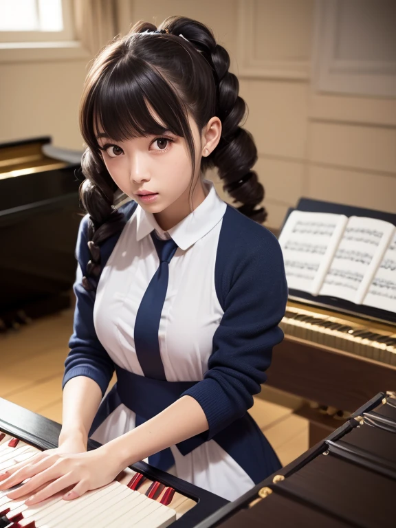 masterpiece, highest quality, Very detailed, 16k, Ultra-high resolution, 17-year-old girl, Detailed face, Anatomically correct, black eye, Black Hair, Long Hair, Drill Hair, (mega twin drills:1.5), , White blouse, Red tie, Navy Skirt, School, music room, piano, pianoの前, stand