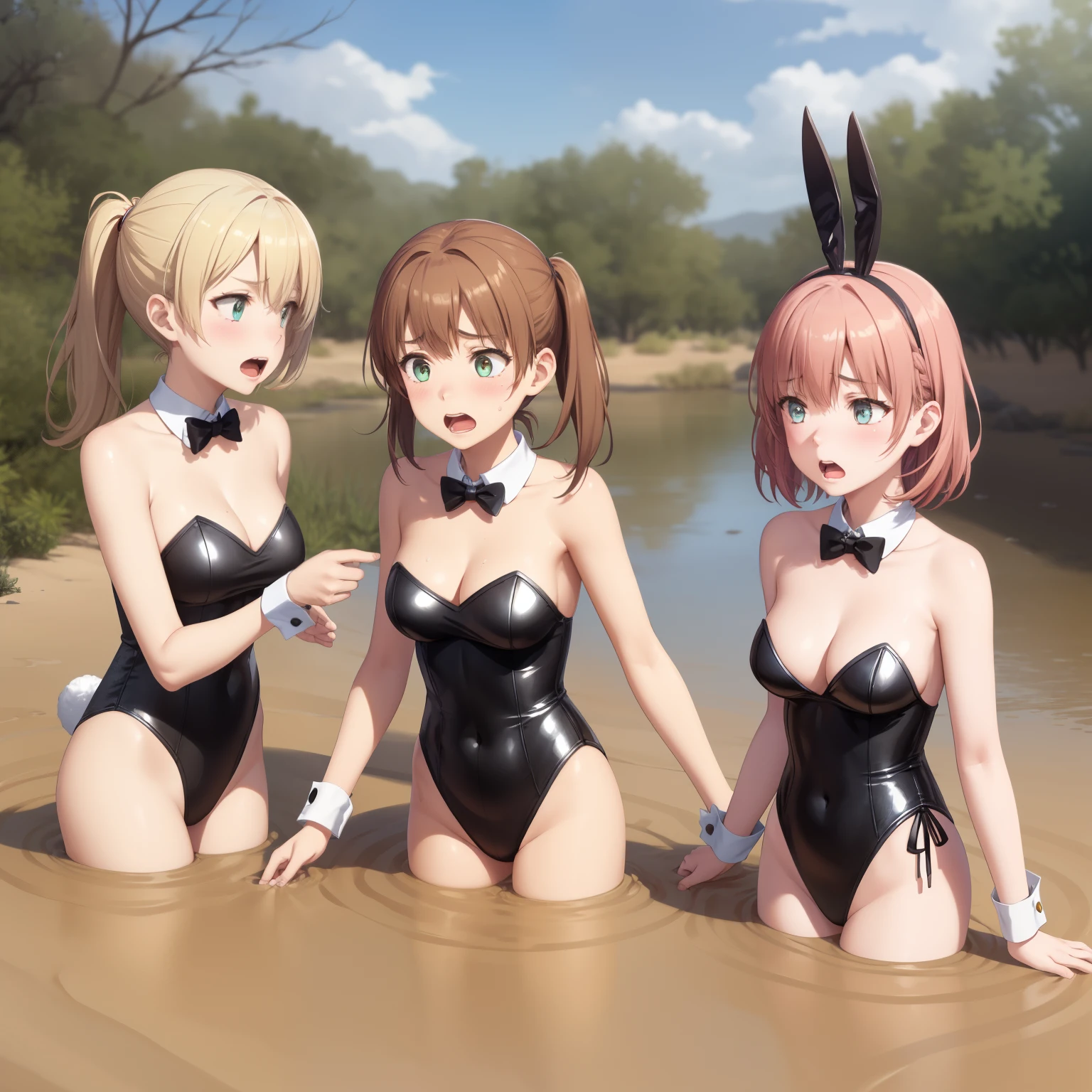 3girls, (multiple girls), natural lighting, masterpiece, highly detailed, illustration, game CG, absurdres, high quality, aichan, isshiki iroha, large breasts, beautiful detailed eyes, ponytail, twintails, bangs, glossy lips, (upset, scream, drowning, sinking), bunny ears, detached collar, wrist cuffs, strapless leotard, desertscape, desert, sinking, (quicksand)