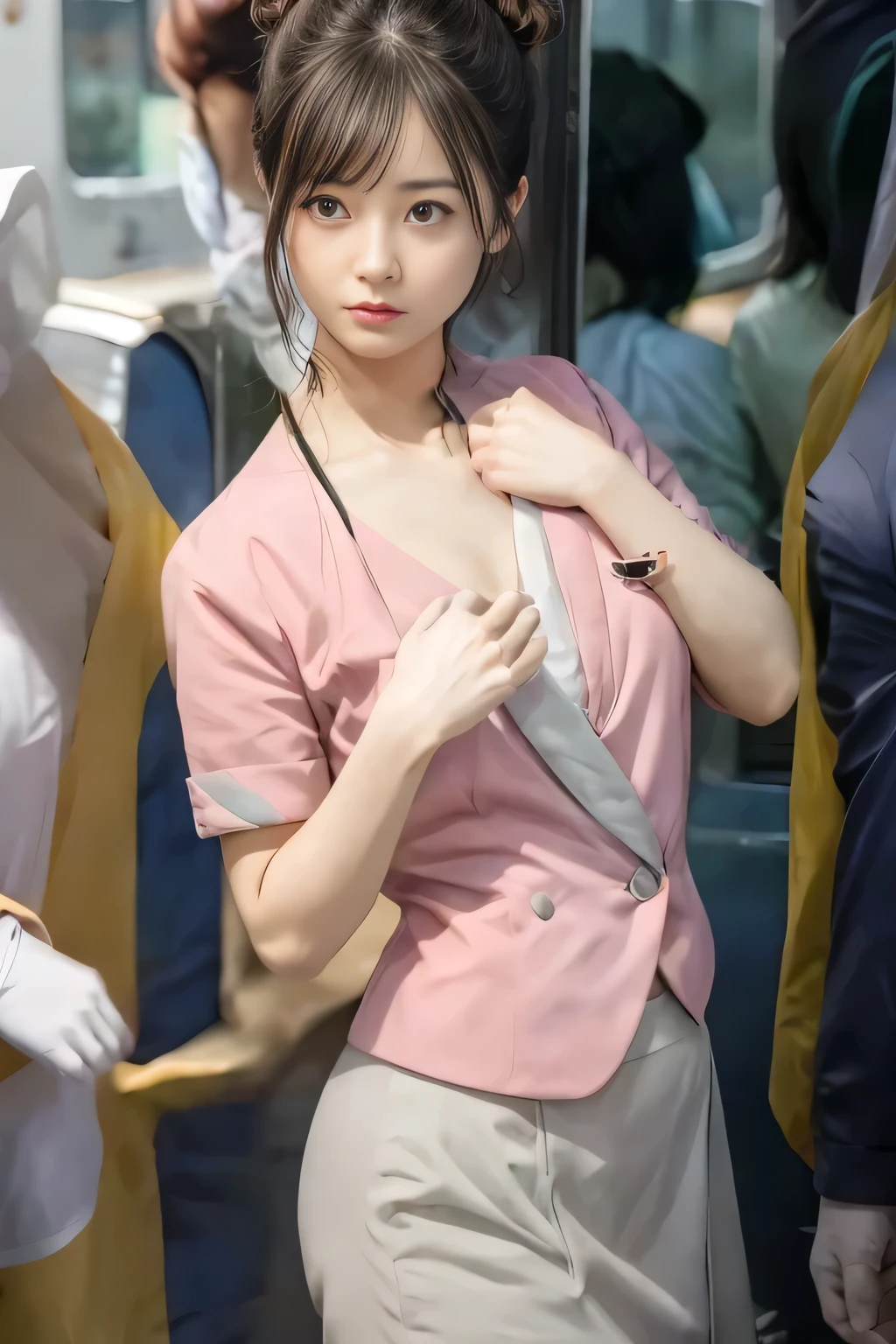 (masterpiece:1.2, highest quality:1.2), 32K HDR, High resolution, (alone、1 girl)、(On the rooftop of a building in the daytime、Professional Lighting)、Building rooftop background、(Nankai train crew uniform pinkを着たリアルスタイル)、(Nankai train crew uniform pink short sleeve collarless pink jacket、Nankai Train Crew Uniform Pink Collarless Short Sleeve Blouse、Nankai Train Crew Uniform Pink Grey Knee-length Culottes)、((The bottom of the pink short-sleeved jacket cannot be tucked into the clay-colored culottes.))、Dark brown hair、(Hair tied up、Hair Bun、Hair Bun)、Dark brown hair、Long Shot、Big Breasts、Thin legs、((Great hands:2.0)),((Harmonious body proportions:1.5)),((Normal limbs:2.0)),((Normal finger:2.0)),((Delicate eyes:2.0)),((Normal eyes:2.0)))、(Nankai Train Crew Uniform Pink Grey Knee-length Culottesを見せた美しい立ち姿)、Captivating look
