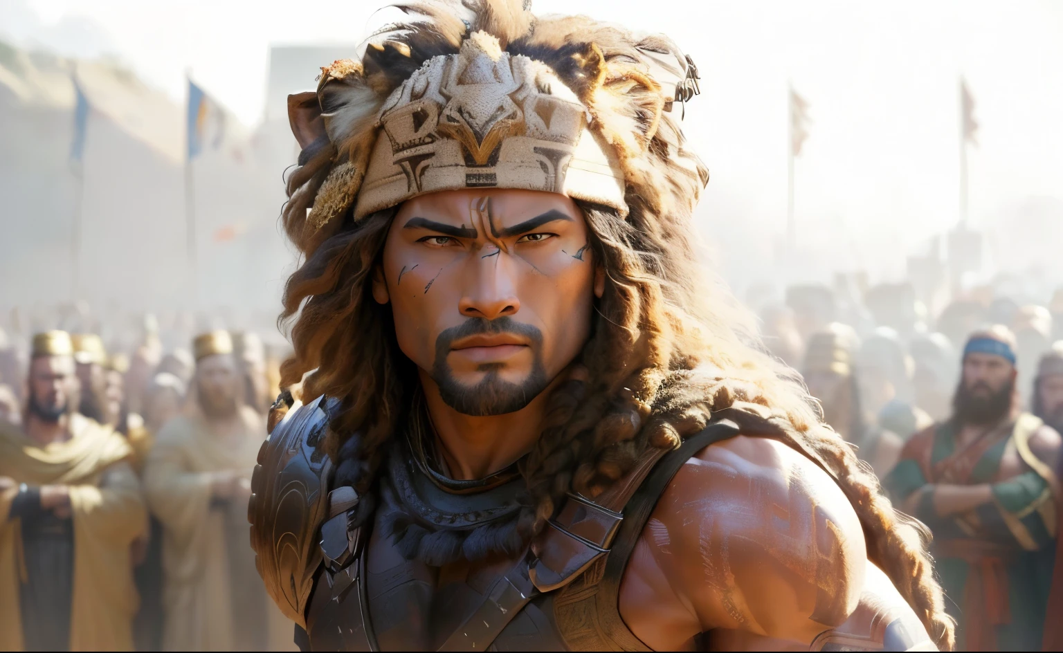 Alafiid man wearing a lion head,Standing in front of the crowd, starring Dwayne Johnson, Hercules, Dwayne Johnson, Dwayne Johnson as god of war, Jason Momoa as Assyrian, portrait of demigod Hercules, Dwayne Johnson as kratos, Dwayne Johnson, Jason Momoa as Conan, Dwayne Johnson as samurai, Ares woodblock print style real print line illustration