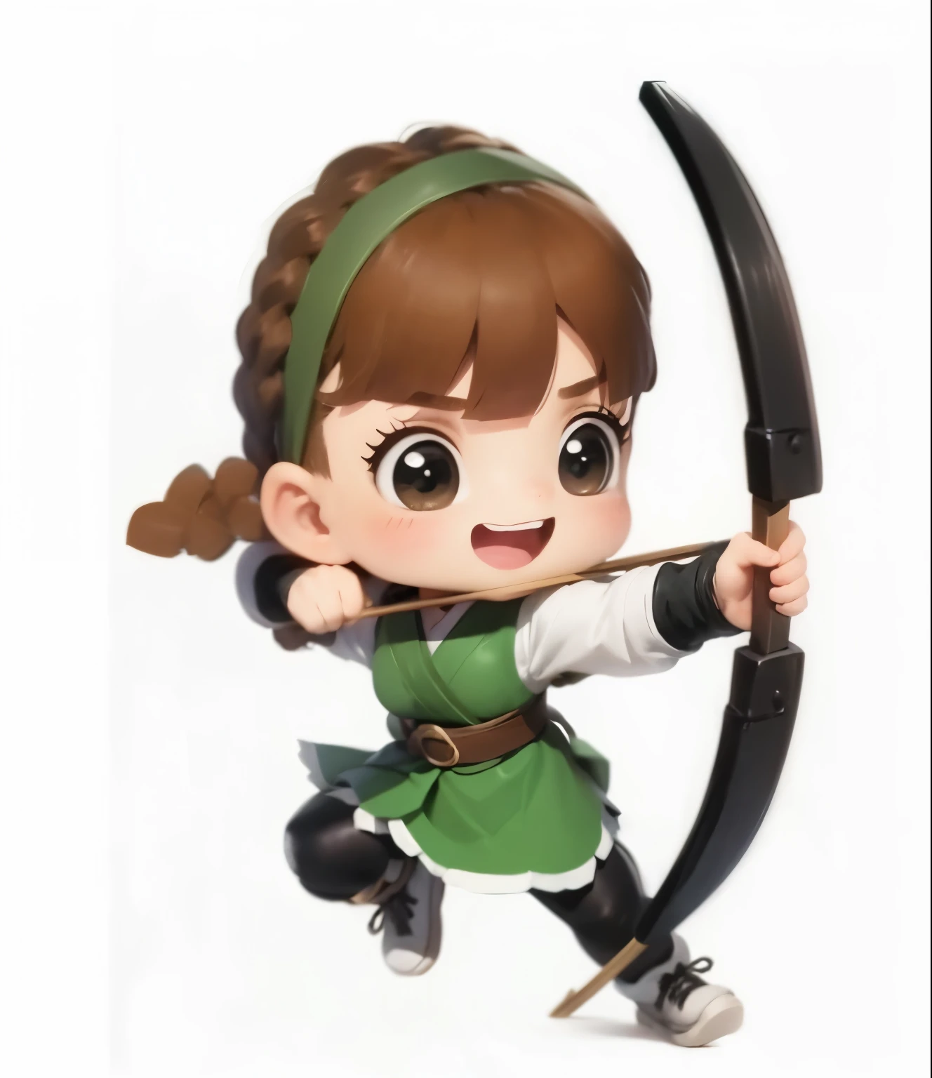 Cartoon girl holding a bow and arrow, Martial Arts，Chivalrous Woman，Profile，Bright Eyes，Dark brown eyes，Black eyes，Jump up，一根braid，braid，Green hair accessories，Mini cute girl, #11: Pixie Long Braided Brown Hair, Cute cartoon characters, Anime girl holding a bow and arrow, female forest archer, Green Skirt，Skirt lace edge，Elf Character, High-quality character design, Lovely characters, Super Detail，Hand details，There are fingers，Hand drawn bow，Martin shoes，Green Clothing，Increase the exquisiteness of shoes，The shoes must be shadowed，Q version，Blind box cartoon，3D Rendering