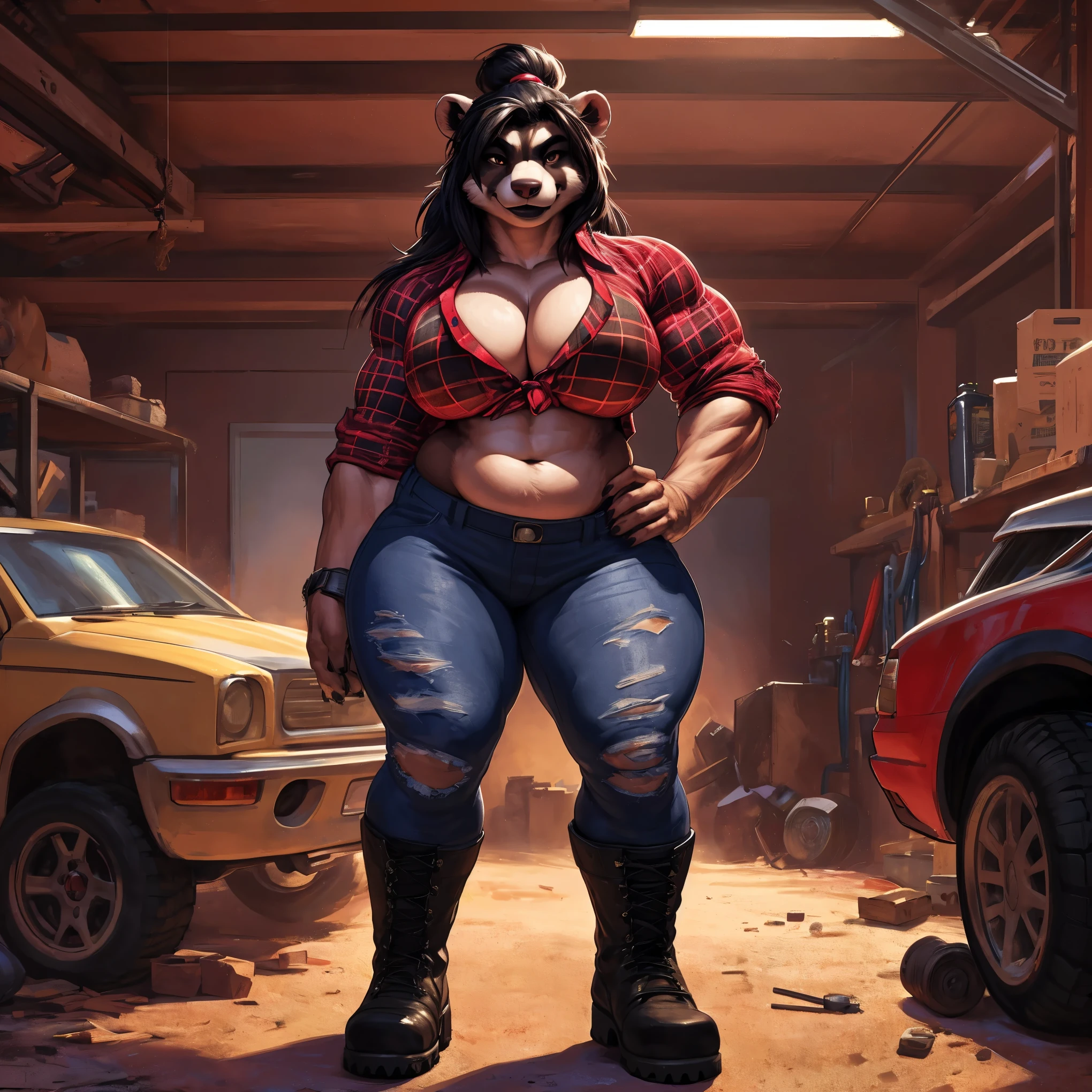 uploaded to e621.net, masterpiece, 8k, realistic textures, realistic lighting, highly detailed, by darkgem, by meesh, female, ferret, 1girl, solo, standing, slim, bare midriff, (large breasts), nipple outline, brown eyes, highly detailed eyes, dark hair, long hair, topknot, buff, muscular, butch, heavyset, bulky, heavy, thick, chubby, bodybuilder, garage, workshop, car in background, indoors, (big bottom lip), black lip gloss, standing upright, smiling, tied flannel shirt, cleavage, ripped jeans, (wide hips:1.4), (muscular thighs:1.3), (combat boots:1.3), (full body:1.3), standing on carpet, carpeted room, looking at viewer,