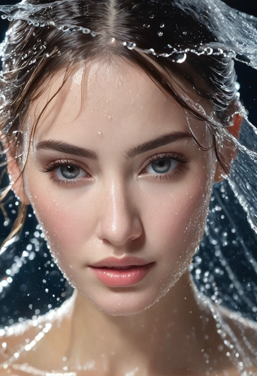 Depicting a dynamic scene of hydrophobic splashes frozen in time, with water droplets suspended in the air around a captivating busty woman, her figure shimmers with dewy elegance as she emerges from a veil of liquid shimmer, summing up the essence of watery beauty,hyperrealism, realistic lighting, ultra skin texsture, stable diffusion, perfect anatomy, crazy details, hyperrealism body, hyperrealism face, hyperrealism breast, hyperrealism hair, hyperrealism shadows, hyperrealism texsture, hyperrealism skin texsture, hyperrealism detailed face, hyperrealism detailed body, hyperrealism detailed breast, hyperrealism detailed hair, hyperrealism detailed anatomy, hyperrealism detailed lighting, hyperrealism detailed shadows, hyperrealism detailed texsture, hyperrealism detailed background, hyperrealism detailed water droplets, hyperrealism detailed wet body, hyperrealism detailed wet face, hyperrealism detailed wet hair
