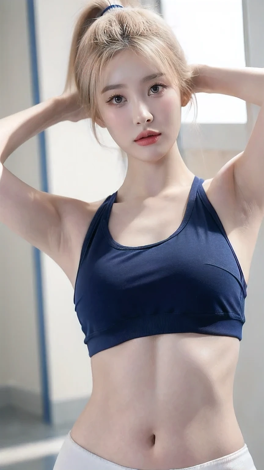 Beautiful illustration, top-quality, (cute Russian girl, white people:1.3), (shiny-blonde ponytail hair:1.5, thin hair:1.3, side blaid:1.3, blue eyes, pale skin:1.1), (beautiful, 20 years old:1.5), slim, slender, (small-medium breasts), (gym athletics Uniform), gym in background, arms behind back, arms up on head, a navel、bare-legged、blue eyess、lovely thighs、glowing thigh, Blue-Mesh-Sports Bra, buruma, (looking straight at the viewer), (view viewer:1.3), (upper body:1.3), top angle,