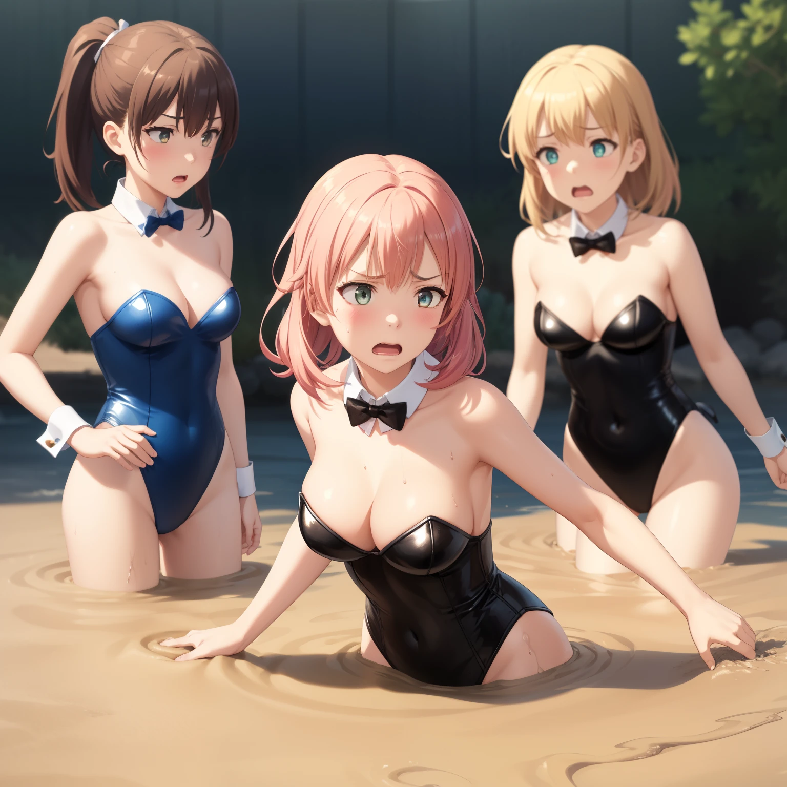 3girls, (multiple girls), natural lighting, masterpiece, highly detailed, illustration, game CG, absurdres, high quality, aichan, isshiki iroha, large breasts, beautiful detailed eyes, ponytail, twintails, bangs, glossy lips, (upset, scared, drowning, sinking), bunny ears, detached collar, wrist cuffs, strapless leotard, desertscape, desert, sinking, (quicksand)
