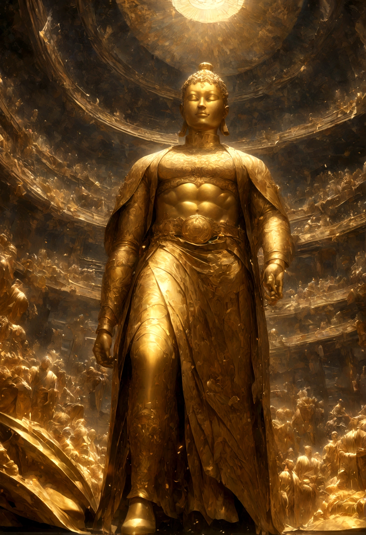 A huge golden Buddha statue stands on the mountain，Pilgrims on the road，Light smile,China-style，In the distance, surrealism, stereograms, tachi-e, Atmospheric perspective, hyper photorealism, Cinematic lighting, god light, Super detail, ccurate, Best quality, Masterpiece, 16k, High details, A high resolution, Award-Awarded, Super detail, Anatomically correct