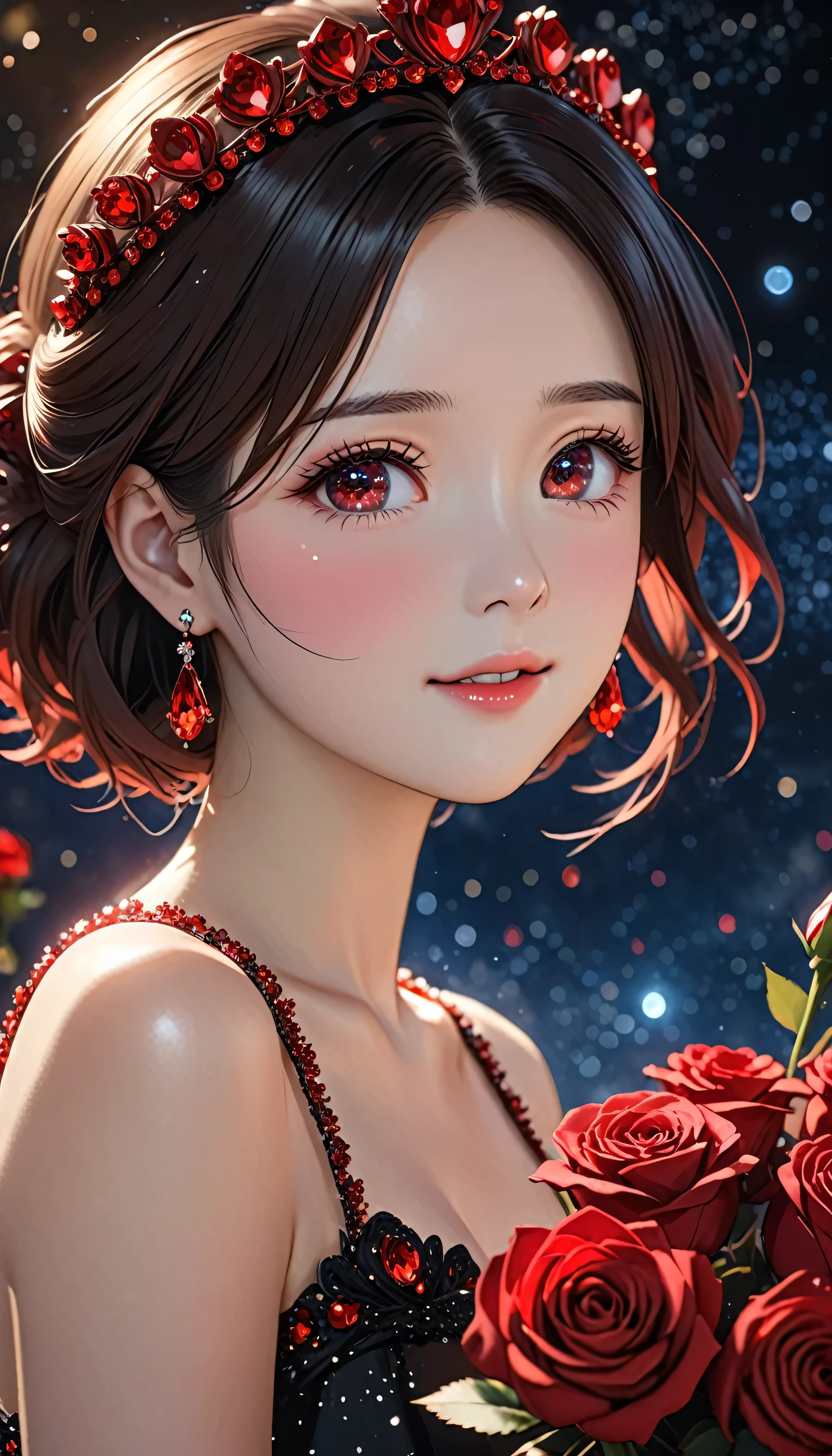 National Science Foundation,masterpiece,High resolution,8K,Art,digit,Three-dimensional,Realism,Kyoto Animation Style,your name movie style,cute,baby face,look into camera,Complex red rose flower background,(1 female: 1.3),(alone: 1.4),(Gorgeous sparkling black wedding dress),(Red Swarovski crystals on wedding dress),Gorgeous red crystal crown,Red crystal necklace,red crystal earrings,Red crystal ring,Hand holding bouquet of red roses,Long eyelashes,Long thin legs,Short Bob,Close-up of upper body,Close-up,Close up,Starry sky at night,Eyes as deep as the starry sky,blush,shy,Crying because of happiness