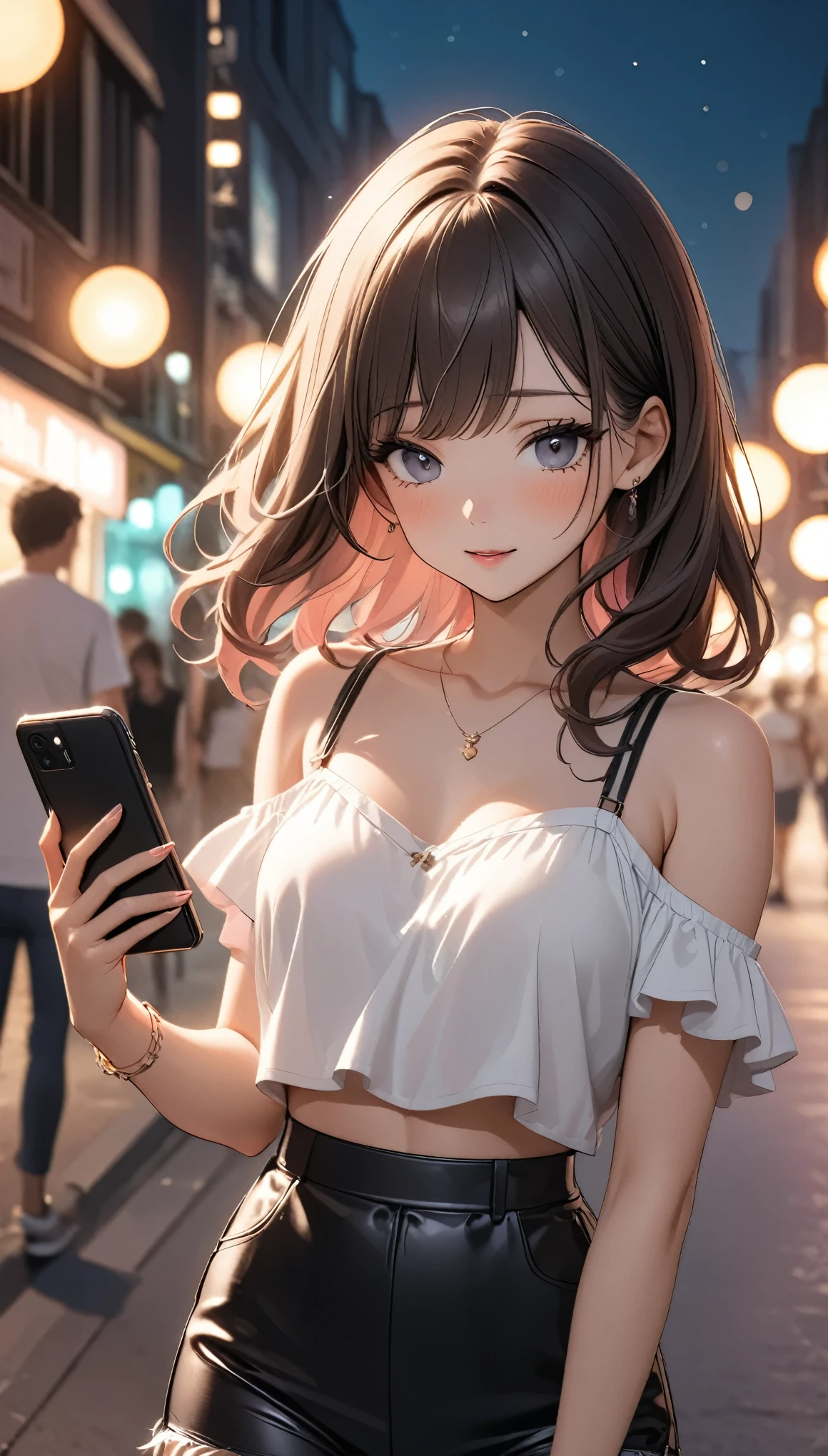 Beautiful woman, street lights at night, Fiddling with smartphones, Hot Pants, black, pink, summer, feel hot, Passersby, night gradient, fine details, Subtle tones, There is a sense of tranquility in the picture. Bokeh,