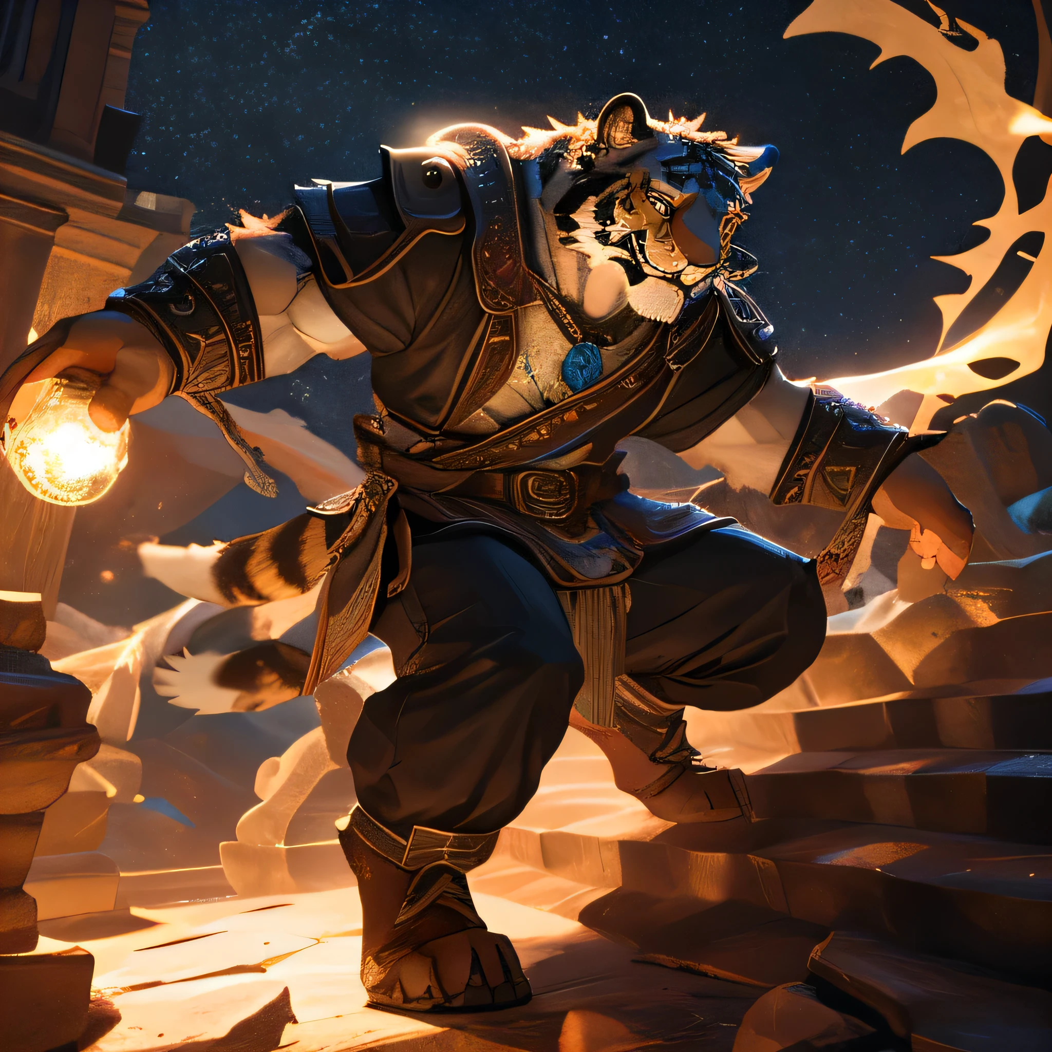 a serious and assassin-looking tigre furry conjuring magic, in a dynamic jumping action pose, anatomically correct, stylized movement, (best quality,4k,8k,highres,masterpiece:1.2),ultra-detailed,(realistic,photorealistic,photo-realistic:1.37),highly detailed,intricate,complex,cinematic lighting,dramatic lighting,chiaroscuro lighting,volumetric lighting,hyper detailed,vibrant colors,rich colors,fantasy,dark fantasy,epic,heroic