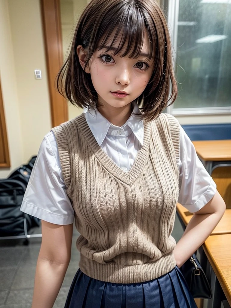 Masterpiece, Top Quality, Top Mikoto, brown eyes, short hair, small breasts, looking at viewer, alone, closed mouth, collared shirt, beige knit vest, dark blue  Skirt, school_uniform, shirt, white_shirt, classroom,Masterpiece, highest quality, 8K, detailed skin texture, fine cloth texture, beautiful detailed face, intricate details, super detailed,cute,cute posing,composition that shows the whole body,