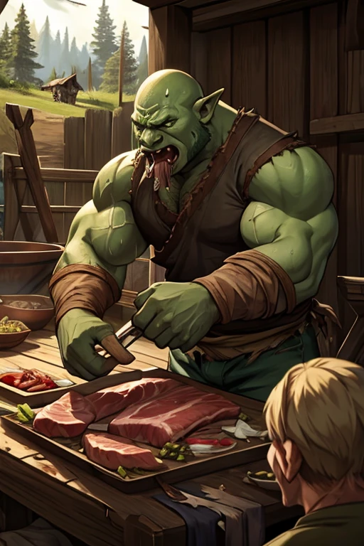 Medieval fantasy Human prisoners in an Orc village butchering a freshly hunted boar for the tribe to cook later. Pale green skin spreading. Skin turning dark green. Sweat. Muscles. Dirt. Worn clothes. Torn clothes. Worn and torn shirt. Bloody hands. Blood-stained clothes. Prominent mouth tusks. Crotch bulge. Bulging crotch. Growing muscles. Round ears. Drooling over raw meat. "Meat ... hungry.... Eat...." Brute. Assimilation.
