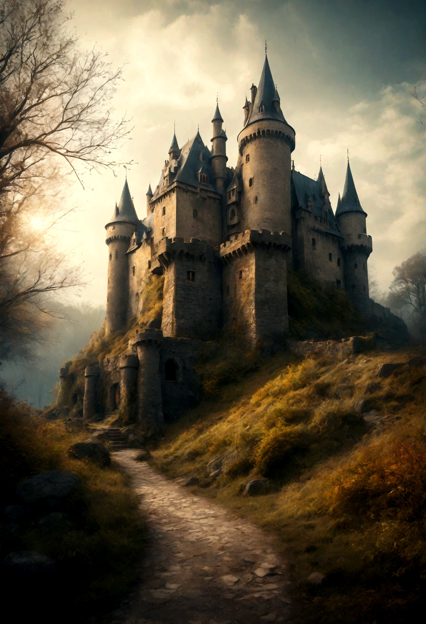 castle, natural highlights, Vibrant colors, Realistic wide angle, mysterious environment, Realistic textures, True shadows, Center, Ink lines and watercolors, Ultra HD, photo, 8k resolution, dark, dynamic action, Light faded style, Hallga camera, retro, Dreamy nostalgia, Soft Focus, Vignette, Light Leakage, medium photography, Gloomy Art Ethereal, Fantastic