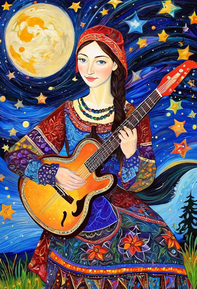 The teen guitarist  Alenka, dream under the summer starry sky, Russian paraphernalia, from the shoulder, Very colorful,
 Best Improvisation,  ((Mordecai-Ardon style!)), ((perfect full body detail)), magic naive art, primitivism, protogen, crimson
, ((best quality, Masterpiece)), ((Highest detail)), RAW:1,1, 8k
