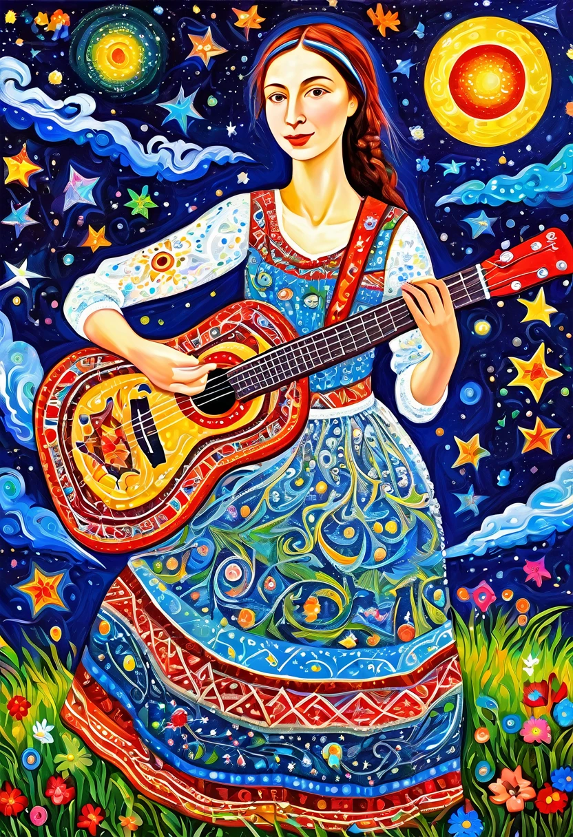 The  guitarist  Alenka, dream under the summer starry sky, Russian paraphernalia, from the shoulder, Very colorful,
 Best Improvisation,  ((Mordecai-Ardon style!)), ((perfect full body detail)), magic naive art, primitivism, protogen, crimson
, ((best quality, Masterpiece)), ((Highest detail)), RAW:1,1, 8k