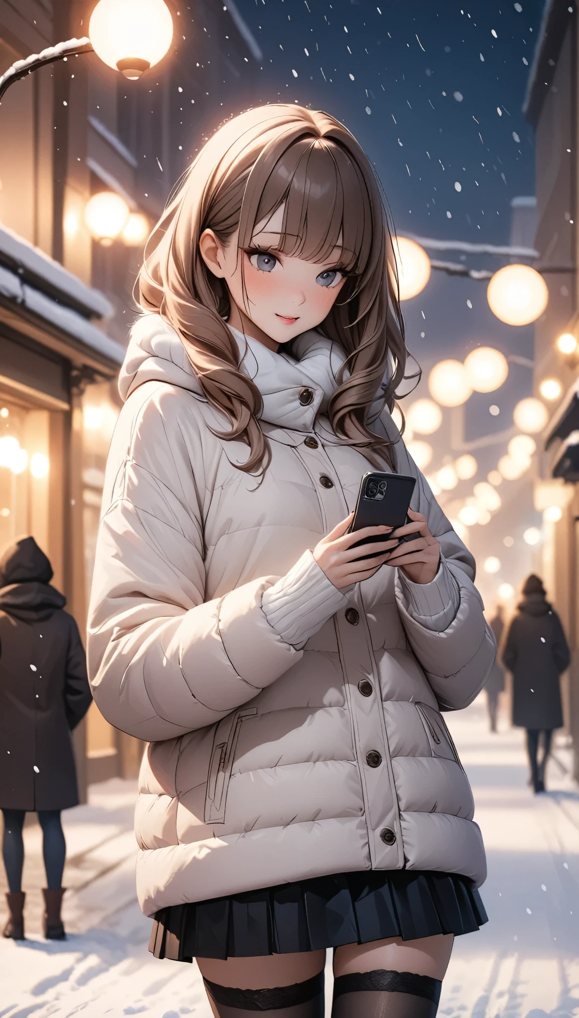 Beautiful woman, street lights at night, Fiddling with smartphones, Hot Pants, pink, snow, snowing, Passersby, night gradient, fine details, Subtle tones, There is a sense of tranquility in the picture. Bokeh, stockings