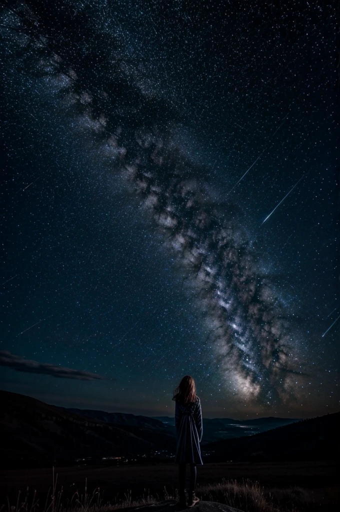 A starry sky,Meteors,8k,Beautiful night sky,Girl looking up at the sky, Long Shot,Wide Shot
