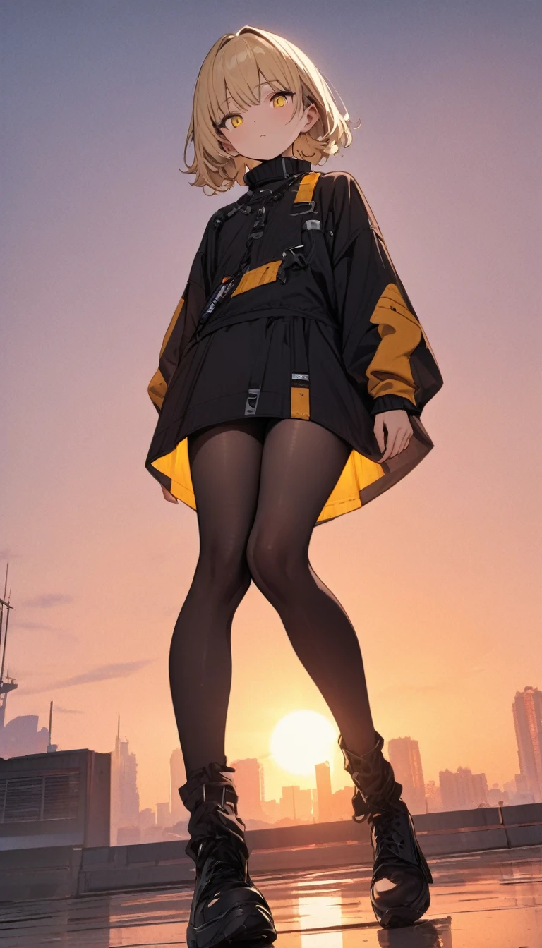 masterpiece, best quality,
a handsome girl, older sister, solo,
medium blond hair, yellow cute eyes, no expression,
cool fashion, black tights, legs, full body,
sunrise, from below