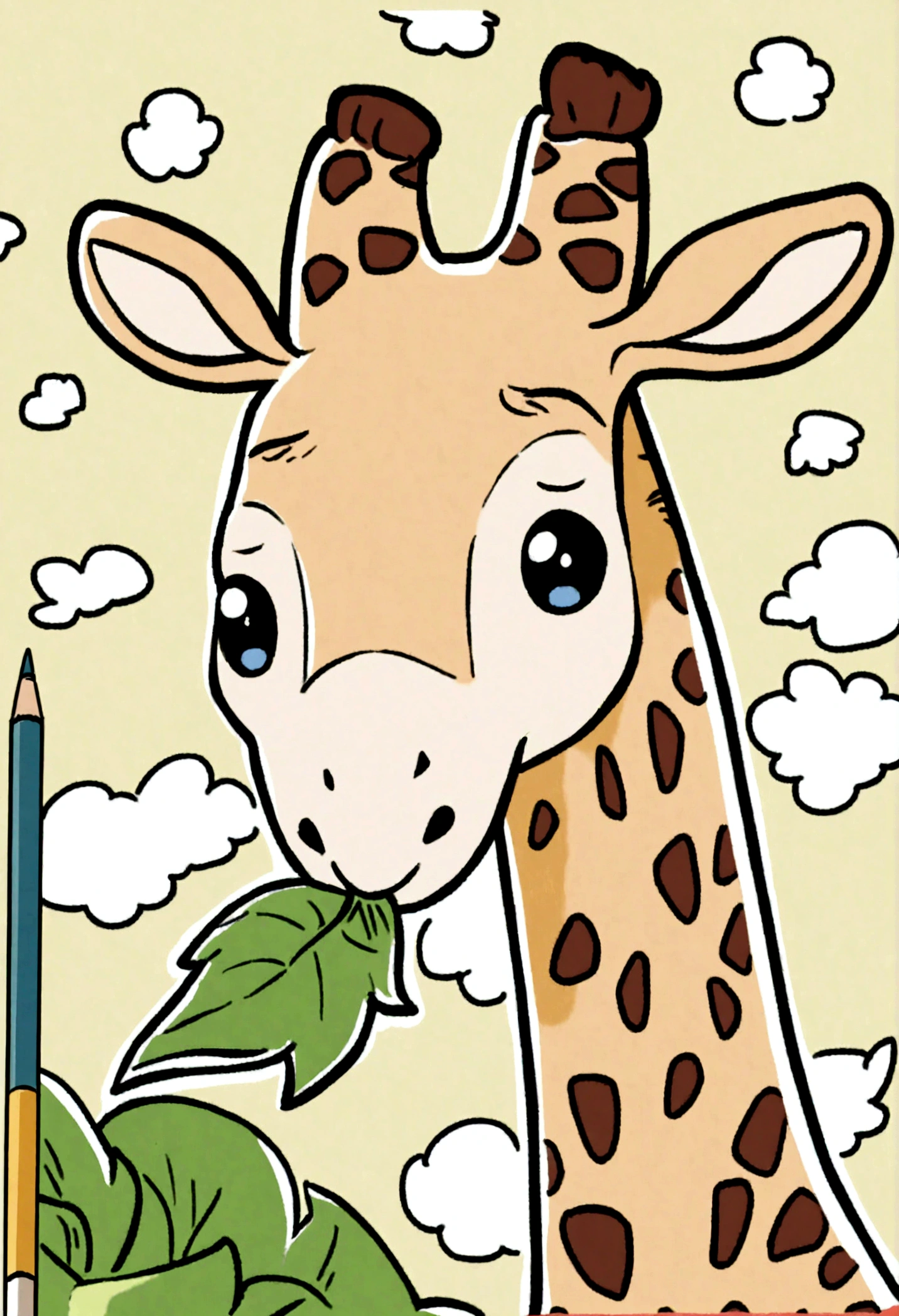 A cute Giraffe, eating leaf, cartoon, Coloring Book, ColoringBookAF,