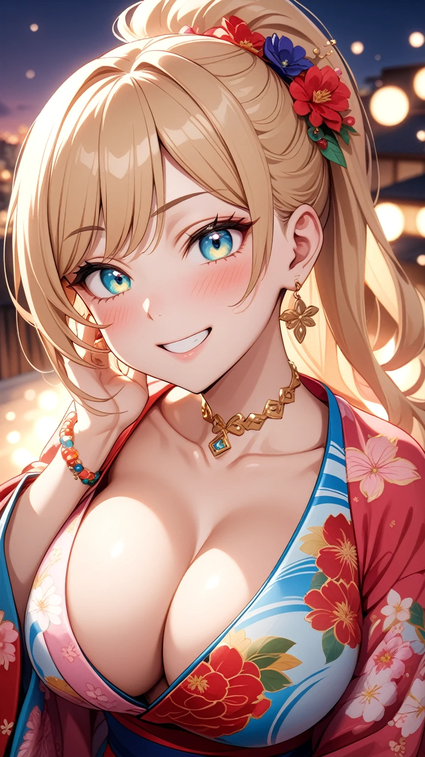 ((one personの女性)), Beautiful Face,Laughing embarrassedly,((Wink:2.0)),Smiling with teeth showing,turn bright red,Lighting on the face,Glossy pink lips,night,rooftop,Festive decorations,You can see the ocean, firework,((Anime style background)),masterpiece, highest quality, so beautiful, Latest, Complex details, (Pink long nails),(ring),(flower bracelet),Floral choker,AI-generated, Complex,High resolution, highest quality, super high quality,3D Images、View your viewers、3D Images,one person,Long Blonde Hair,High Ponytail,Turquoise Eyes,Anime woman posing for a photo, (Fine grain,Colorful eyes,Shining Eyes:1.4),(Squint your eyes:1.1),a hyperRealistic , hyperRealistic , Realistic,Blonde anime woman with long hair, Smooth anime CG art, A woman in a colorful kimono with gold embroidery, (Pink kimono),Red floral pattern,Long flower hair ornament,Large floral earrings,(ring),(Big Breasts:1.1),Mature Body,Tall,Big Ass,Fine details,Tight waist,Abdominal muscles,(Face close up:1.6),(Tilt your face), Shooting from an angle,