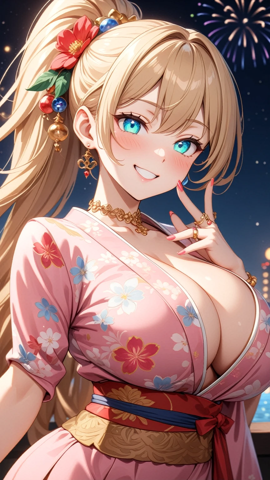 ((one personの女性)), Beautiful Face,Laughing embarrassedly,((Wink:2.0)),Smiling with teeth showing,turn bright red,Lighting on the face,Glossy pink lips,night,rooftop,Festive decorations,You can see the ocean, firework,((Anime style background)),masterpiece, highest quality, so beautiful, Latest, Complex details, (Pink long nails),(ring),(flower bracelet),Floral choker,AI-generated, Complex,High resolution, highest quality, super high quality,3D Images、View your viewers、3D Images,one person,Long Blonde Hair,High Ponytail,Turquoise Eyes,Anime woman posing for a photo, (Fine grain,Colorful eyes,Shining Eyes:1.4),(Squint your eyes:1.1),a hyperRealistic , hyperRealistic , Realistic,Blonde anime woman with long hair, Smooth anime CG art, A woman in a colorful kimono with gold embroidery, (Pink kimono),Red floral pattern,Long flower hair ornament,Large floral earrings,(ring),(Big Breasts:1.1),Mature Body,Tall,Big Ass,Fine details,Tight waist,Abdominal muscles,(Face close up:1.6),(Tilt your face), Shooting from an angle,