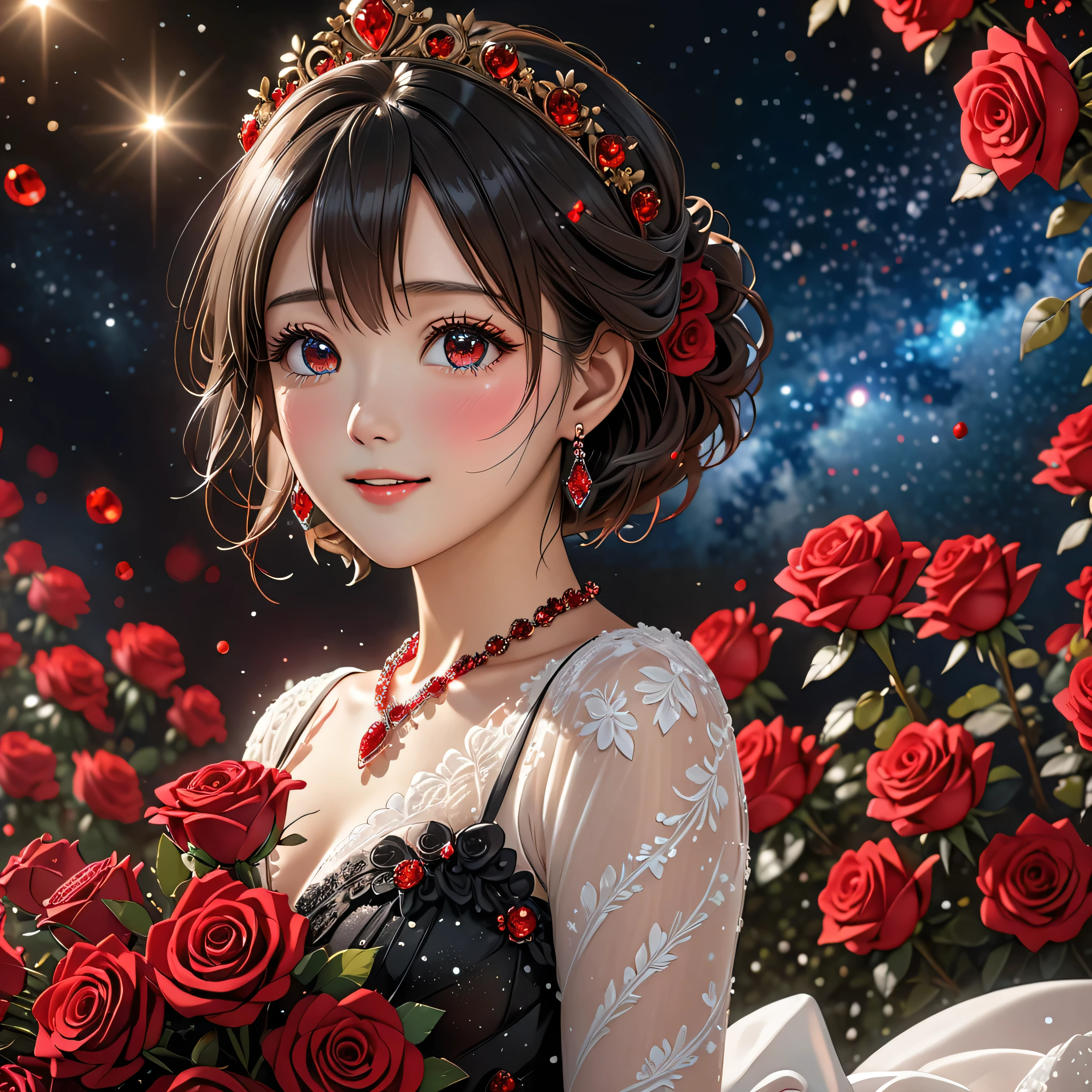 National Science Foundation,masterpiece,High resolution,8K,Art,digit,Three-dimensional,Realism,Kyoto Animation Style,your name movie style,cute,baby face,look into camera,Complex red rose flower background,(1 female: 1.3),(alone: 1.4),(Gorgeous sparkling black wedding dress),(Red Swarovski crystals on wedding dress),Gorgeous red crystal crown,Red crystal necklace,red crystal earrings,Red crystal ring,Hand holding bouquet of red roses,Long eyelashes,Long thin legs,Short Bob,Close-up of upper body,Close-up,Close up,Starry sky at night,Eyes as deep as the starry sky,blush,shy,Crying because of happiness