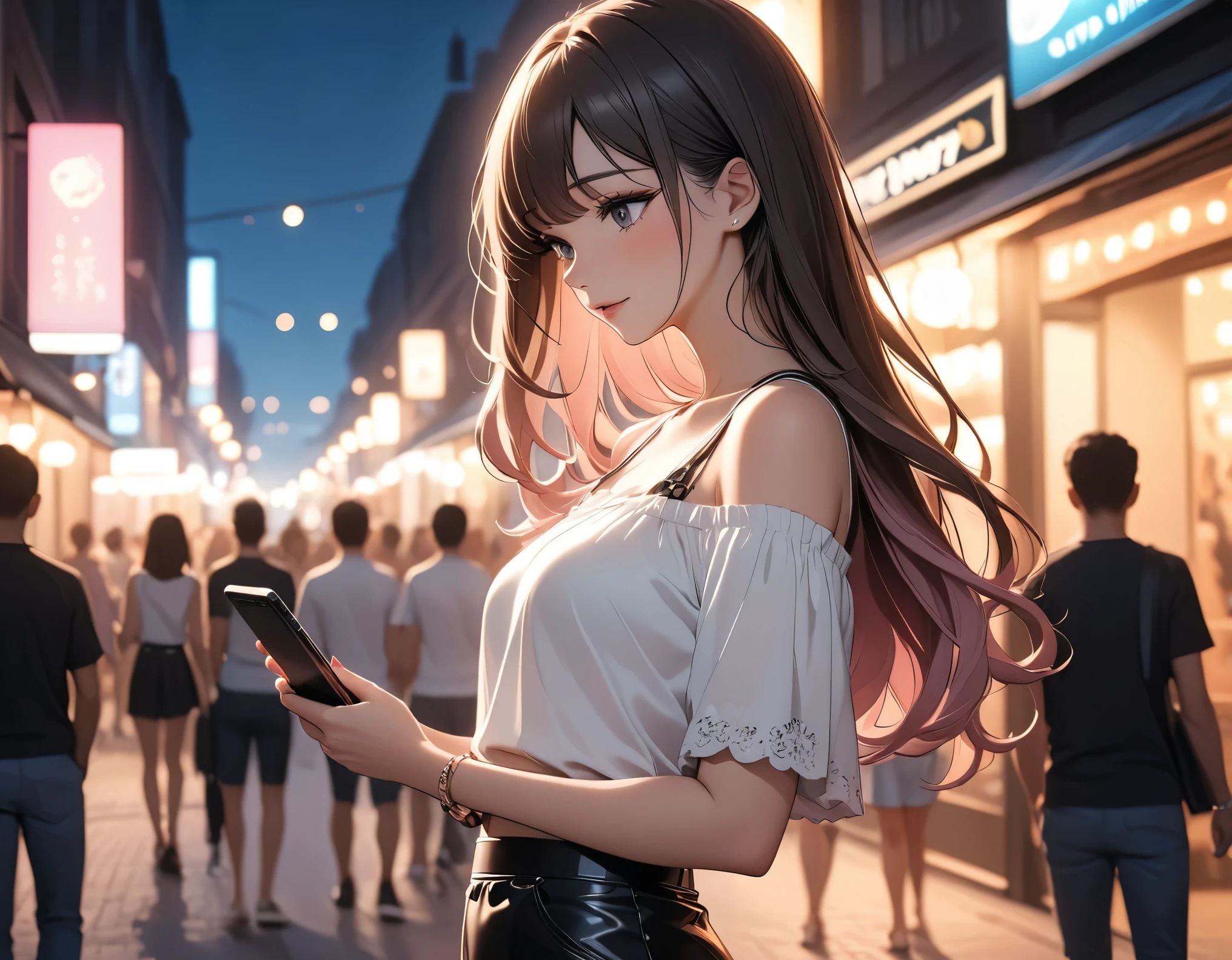 Beautiful woman, street lights at night, Fiddling with smartphones, Hot Pants, black, pink, summer, feel hot, Passersby, night gradient, fine details, Subtle tones, There is a sense of tranquility in the picture. Bokeh,