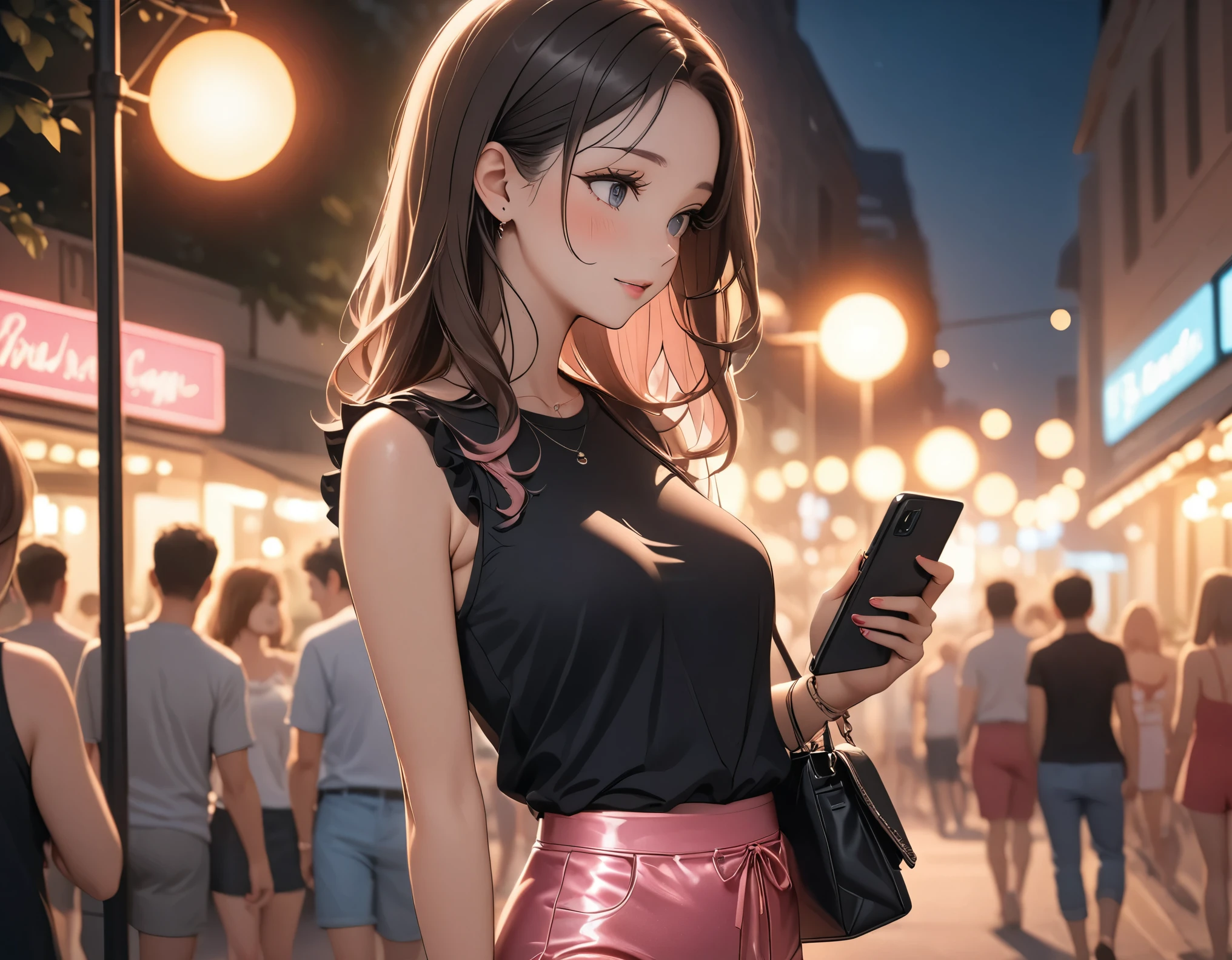 Beautiful woman, street lights at night, Fiddling with smartphones, Hot Pants, black, pink, summer, feel hot, Passersby, night gradient, fine details, Subtle tones, There is a sense of tranquility in the picture. Bokeh,