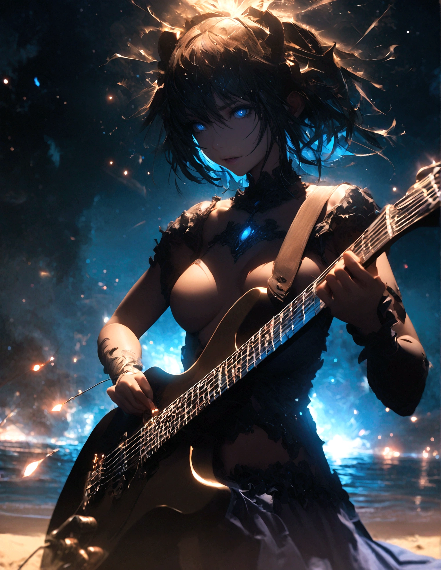 night, Parties, On stage, 1 Girl, holding electric guitar, Umbilical cord, clavicle, beach, Starry Sky, fantasy, magic, mystery, Ethereal, sublime atmosphere, dreamlike, Dramatic Lighting, high quality, Octane Rendering, Epic scene,