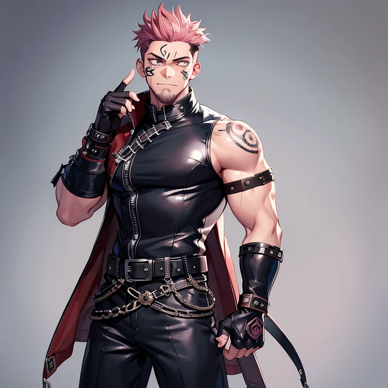 (masterpiece, best quality:1.2), cowboy shot, 1boy, sukuna, leather fingerless gloves, tattoo_on_his_face, manly, full body, biker, pink hair, intricate details, utra detailed, black leather, muscular mature male, eye focus, biker jacket, anatomically correct,