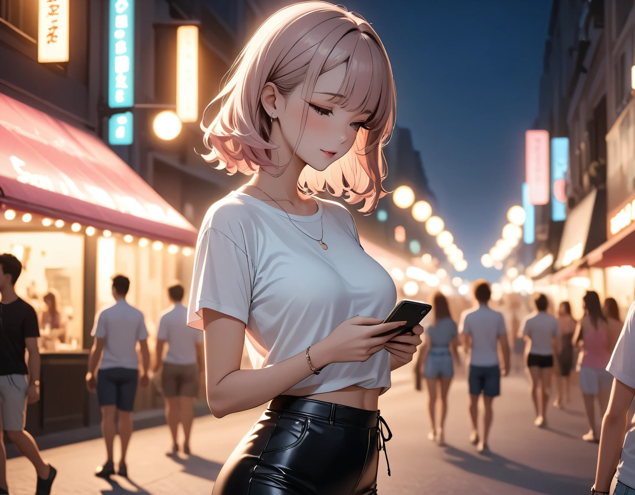 Beautiful woman, street lights at night, Fiddling with smartphones, Hot Pants, black, pink, summer, feel hot, Passersby, night gradient, fine details, Subtle tones, There is a sense of tranquility in the picture. Bokeh,