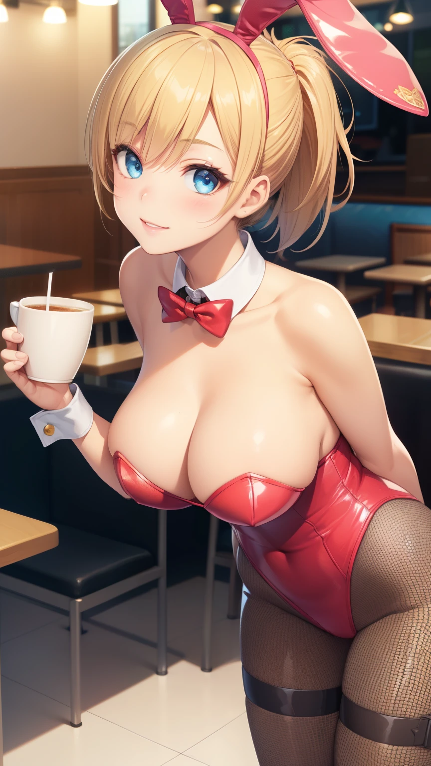 1girl, natural lighting, masterpiece, highly detailed, illustration, game CG, absurdres, high quality, aichan, large breasts, beautiful detailed eyes, medium blonde hair, ponytail, bangs, glossy lips, light smile, cafe, bunny ears, detached collar, wrist cuffs, strapless leotard, fishnets, leaning forward, looking at viewer