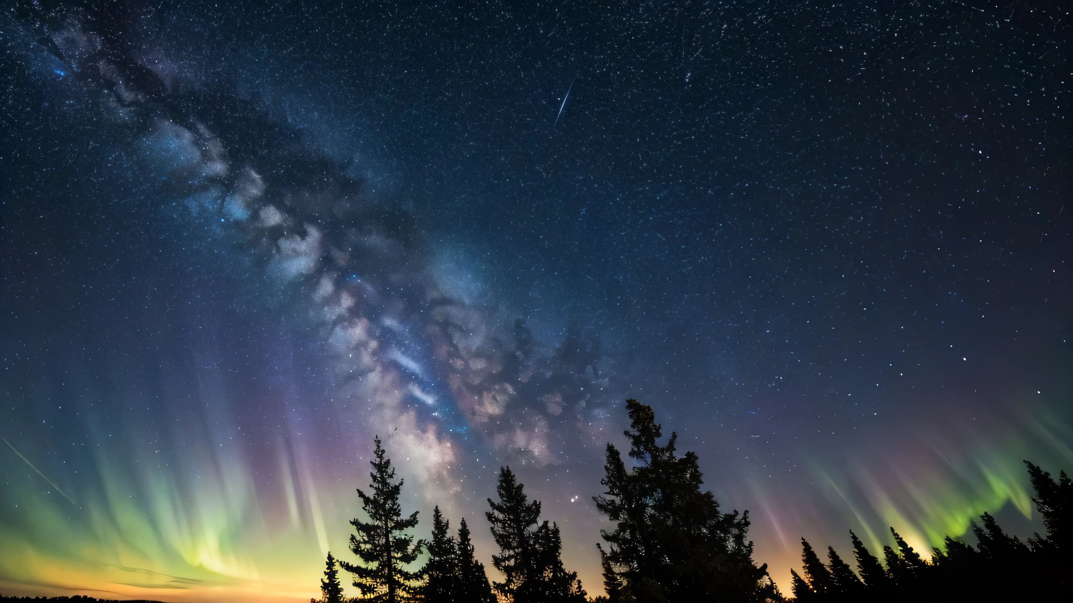 Starry sky and small aurora、shooting star