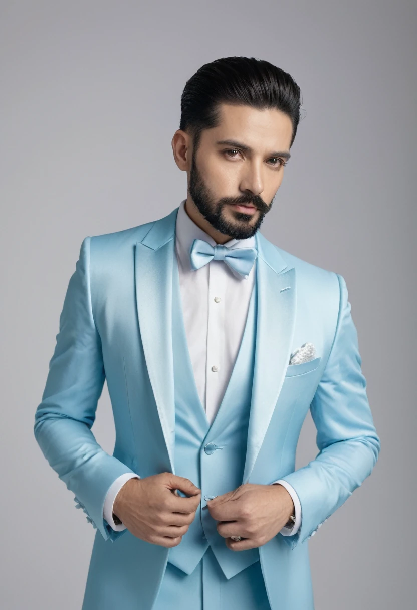 Studio shoot of a man wear pastel blue tuxedo portrait of a handsome man 

