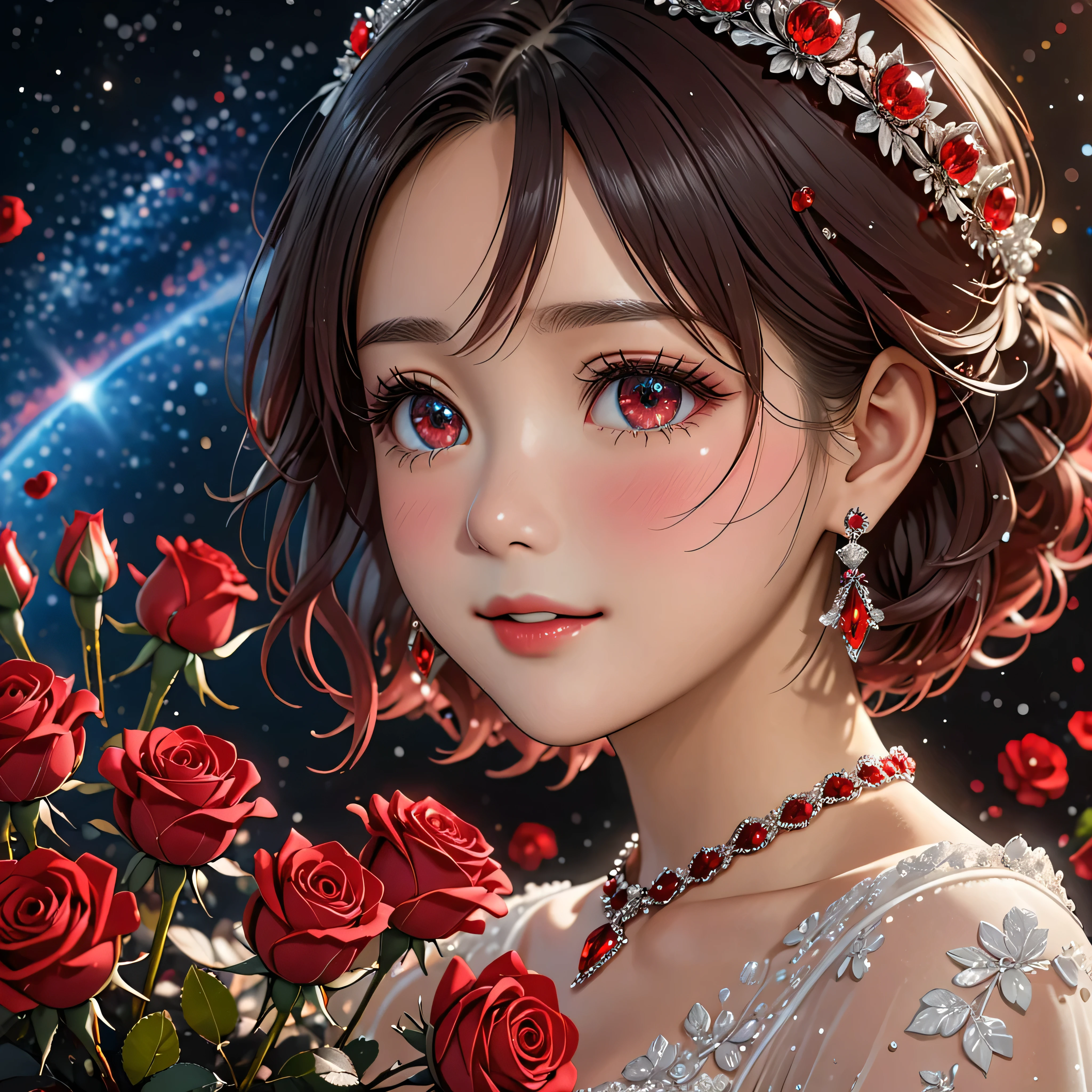 National Science Foundation,masterpiece,High resolution,8K,Art,digit,Three-dimensional,Realism,Kyoto Animation Style,your name movie style,cute,baby face,look into camera,Complex red rose flower background,(1 female: 1.3),(alone: 1.4),(Gorgeous sparkling black wedding dress),(Red Swarovski crystals on wedding dress),Gorgeous red crystal crown,Red crystal necklace,red crystal earrings,Red crystal ring,Hand holding bouquet of red roses,Long eyelashes,Long thin legs,Short Bob,Close-up of upper body,Close-up,Close up,Starry sky at night,Eyes as deep as the starry sky,blush,shy,Crying because of happiness