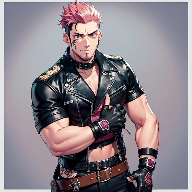 (masterpiece, best quality:1.2), cowboy shot, 1boy, sukuna, leather fingerless gloves, tattoo_on_his_face, manly, full body, biker, pink hair, intricate details, utra detailed, black leather, muscular mature male, eye focus, biker jacket, anatomically correct,