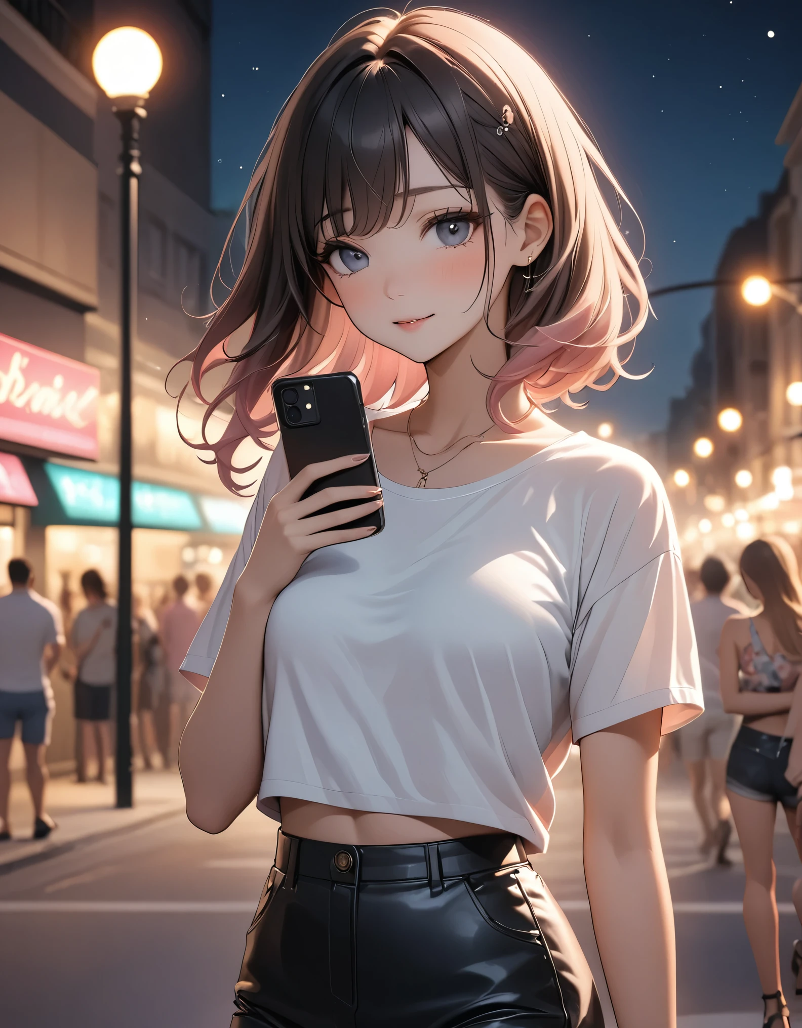Beautiful woman, street lights at night, Fiddling with smartphones, Hot Pants, black, pink, summer, feel hot, Passersby, night gradient, fine details, Subtle tones, There is a sense of tranquility in the picture. Bokeh,