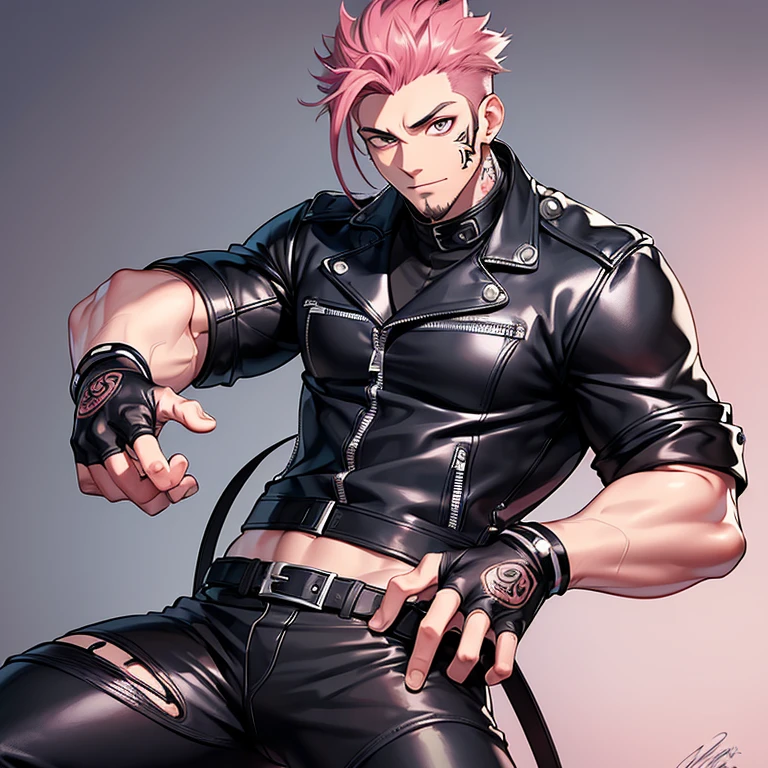 (masterpiece, best quality:1.2), cowboy shot, 1boy, sukuna, leather fingerless gloves, tattoo_on_his_face, manly, full body, biker, pink hair, intricate details, utra detailed, black leather, muscular mature male, eye focus, biker jacket, anatomically correct,