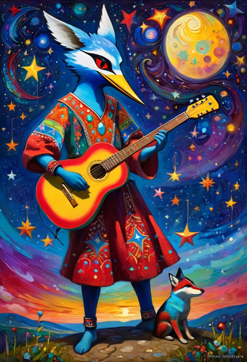The teen guitarist Alenka, dream under the summer starry sky, Russian paraphernalia, from the shoulder, Very colorful,
Best Improvisation, ((Mordecai-Ardon style!)), ((perfect full body detail)), magic naive art, primitivism, protogen, crimson
, ((best quality, Masterpiece)), ((Highest detail)), RAW:1,1, 8k