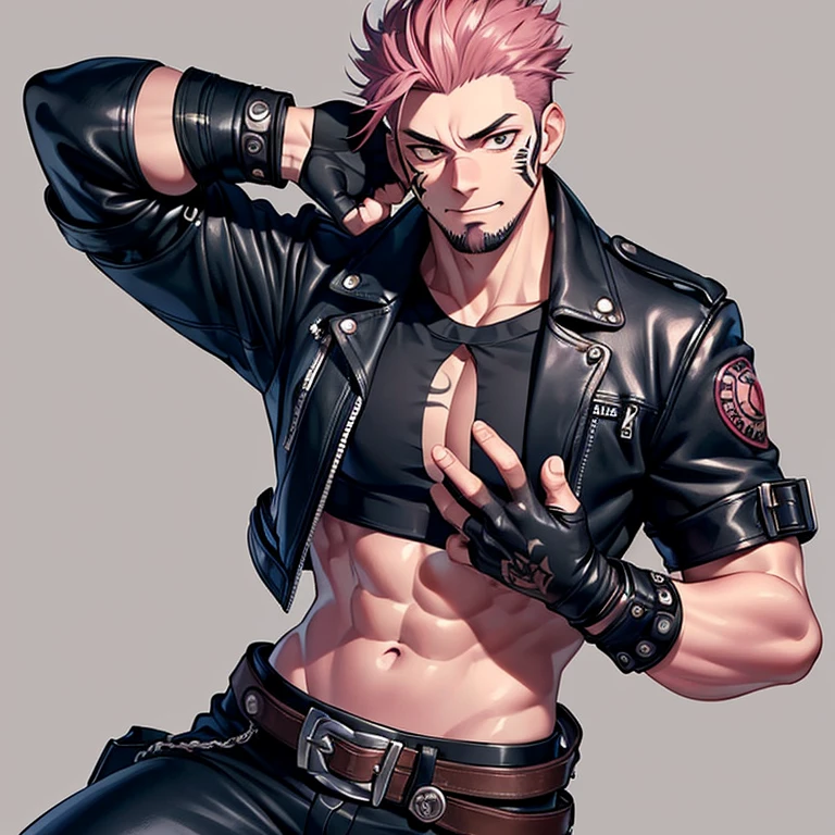 (masterpiece, best quality:1.2), cowboy shot, 1boy, sukuna, leather fingerless gloves, tattoo_on_his_face, manly, full body, biker, pink hair, intricate details, utra detailed, black leather, muscular mature male, eye focus, biker jacket, anatomically correct,