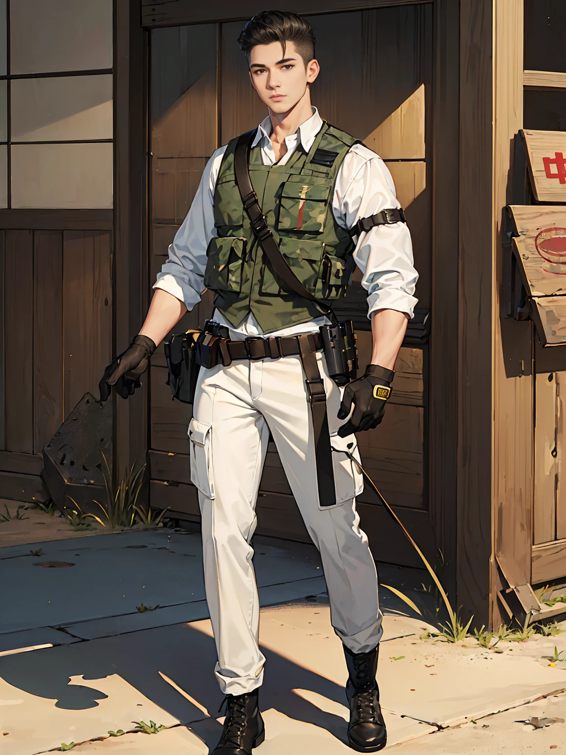 ((masterpiece)), ((best quality:1.2)), high resolution, 8K, (extremist_Practical:1.3), (photoPractical:1.4), Clear focus, Yao Zhui, 1 boy, (Perfect face), American Soldier, Half Asian, half Caucasian, White, Handsome sexy soldier, Camouflage pants, Vest, dog tag, Gloves, boots, Ammunition belt, Desert Environment